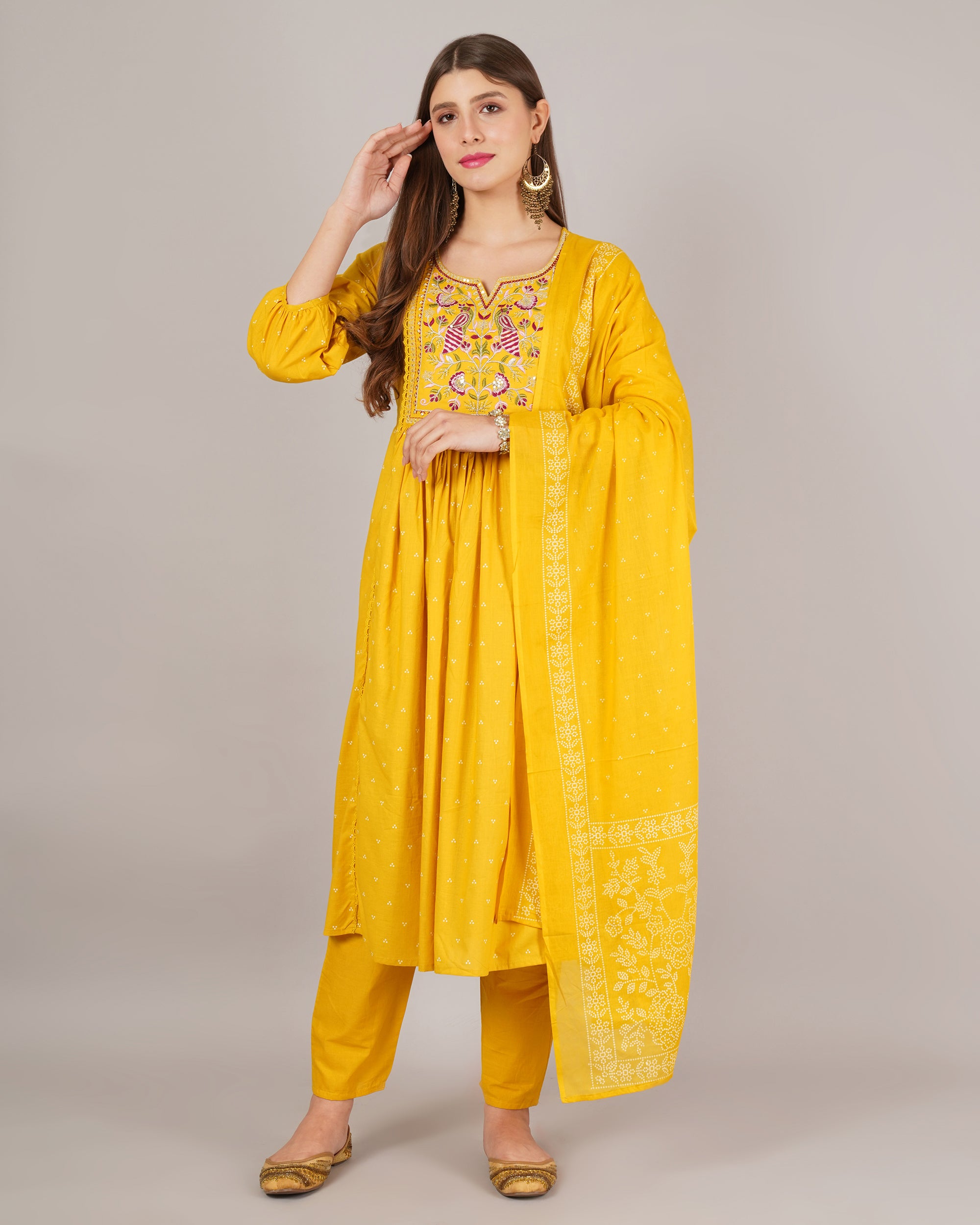 Jaitra Apparels Mustard Yellow Embroidered Pure Cotton Fabric Kurta Set With Dupatta