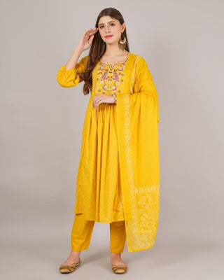 Jaitra Apparels Mustard Yellow Embroidered Pure Cotton Fabric Kurta Set With Dupatta
