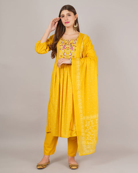 Jaitra Apparels Mustard Yellow Embroidered Pure Cotton Fabric Kurta Set With Dupatta