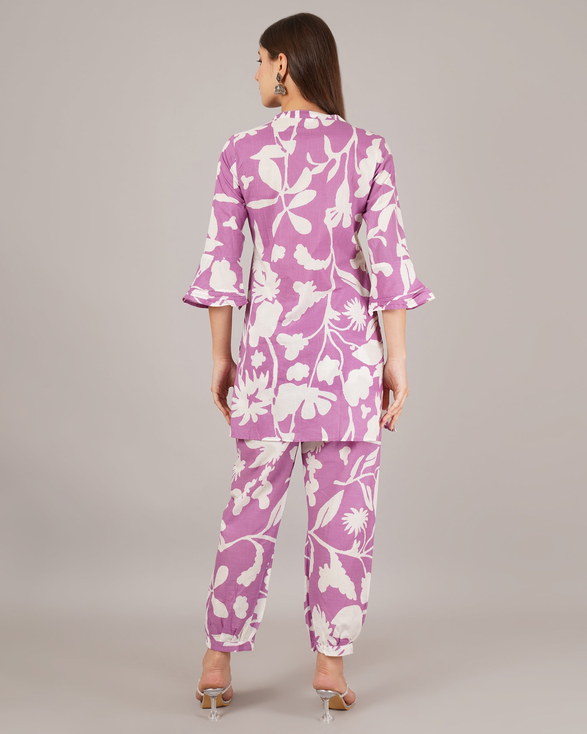 Jaitra Apparels White And Purple Printed Premium Pure Cotton Co-Ord Set For Women