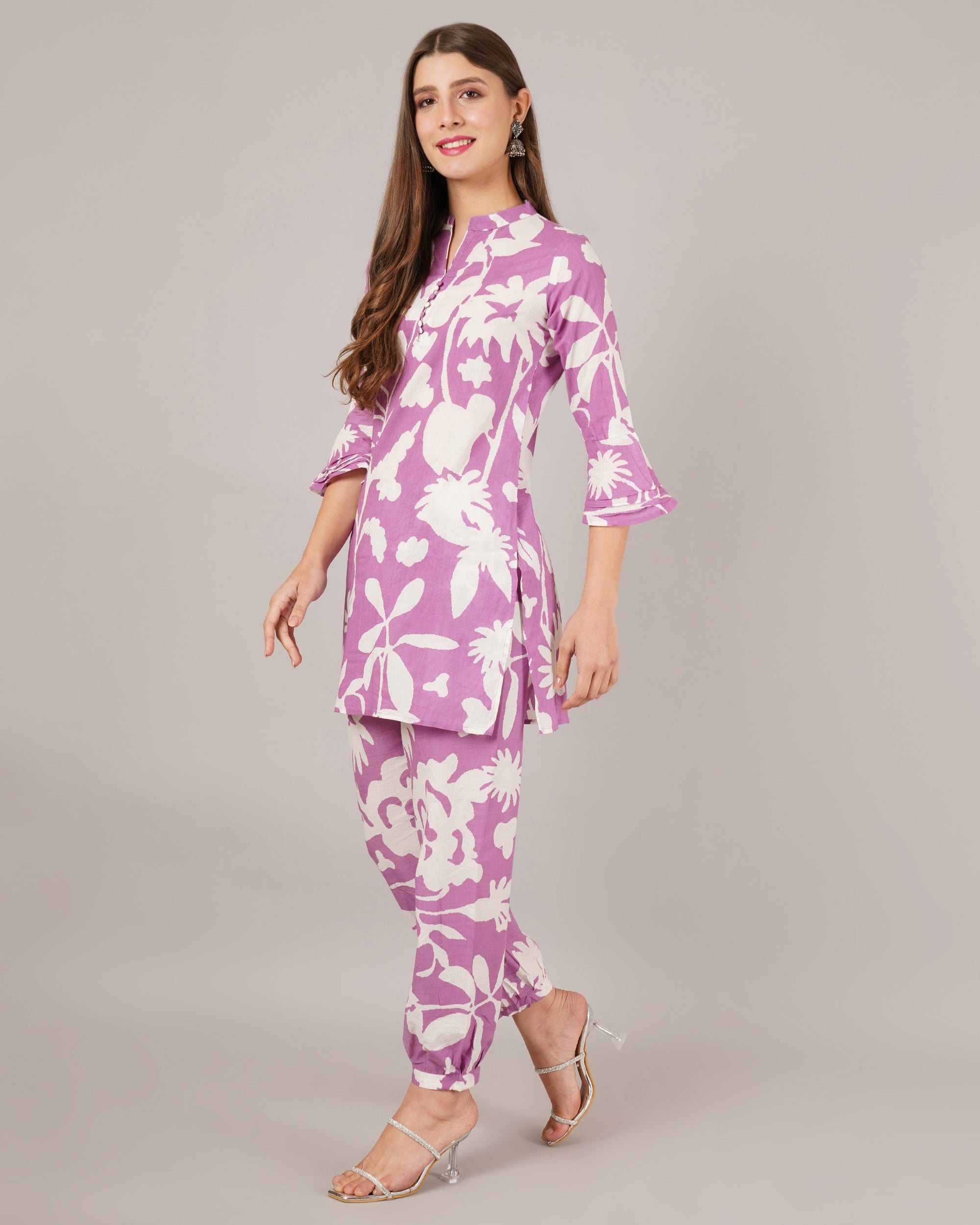 Jaitra Apparels White And Purple Printed Premium Pure Cotton Co-Ord Set For Women