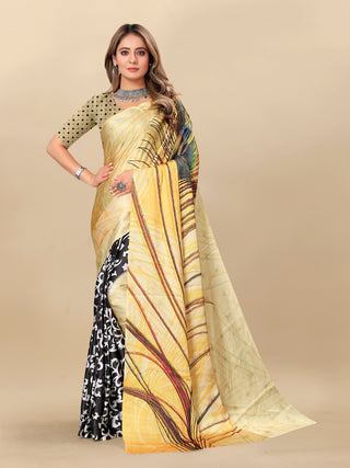 Vedant Vastram Digital Print Japan Satin Silk Party Wear Saree with Unstitched Blouse Piece - Golden - Distacart