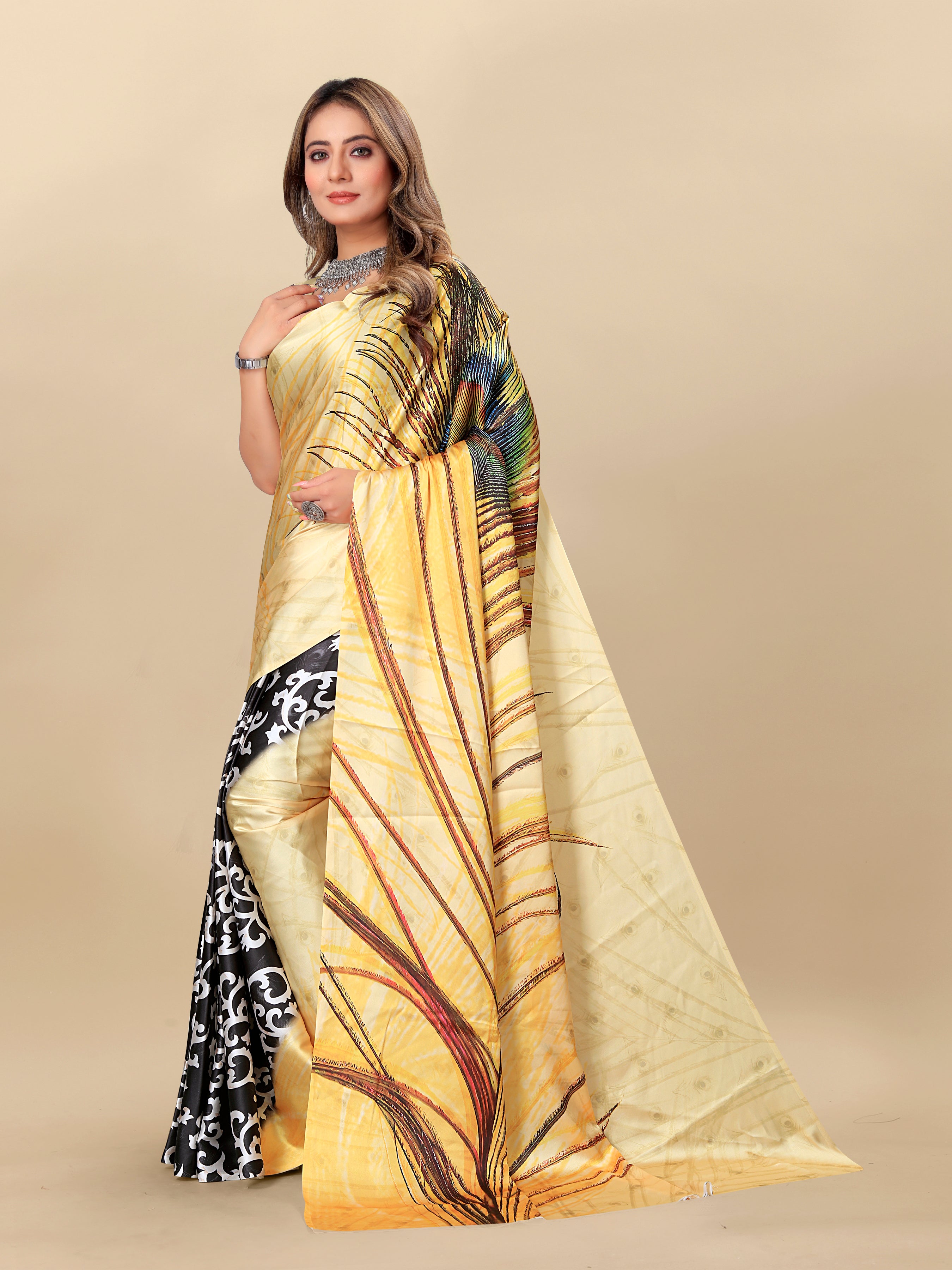 Vedant Vastram Digital Print Japan Satin Silk Party Wear Saree with Unstitched Blouse Piece - Golden - Distacart