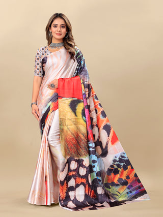 Vedant Vastram Digital Print Japan Satin Silk Party Wear Saree with Unstitched Blouse Piece - Multi Color - Distacart