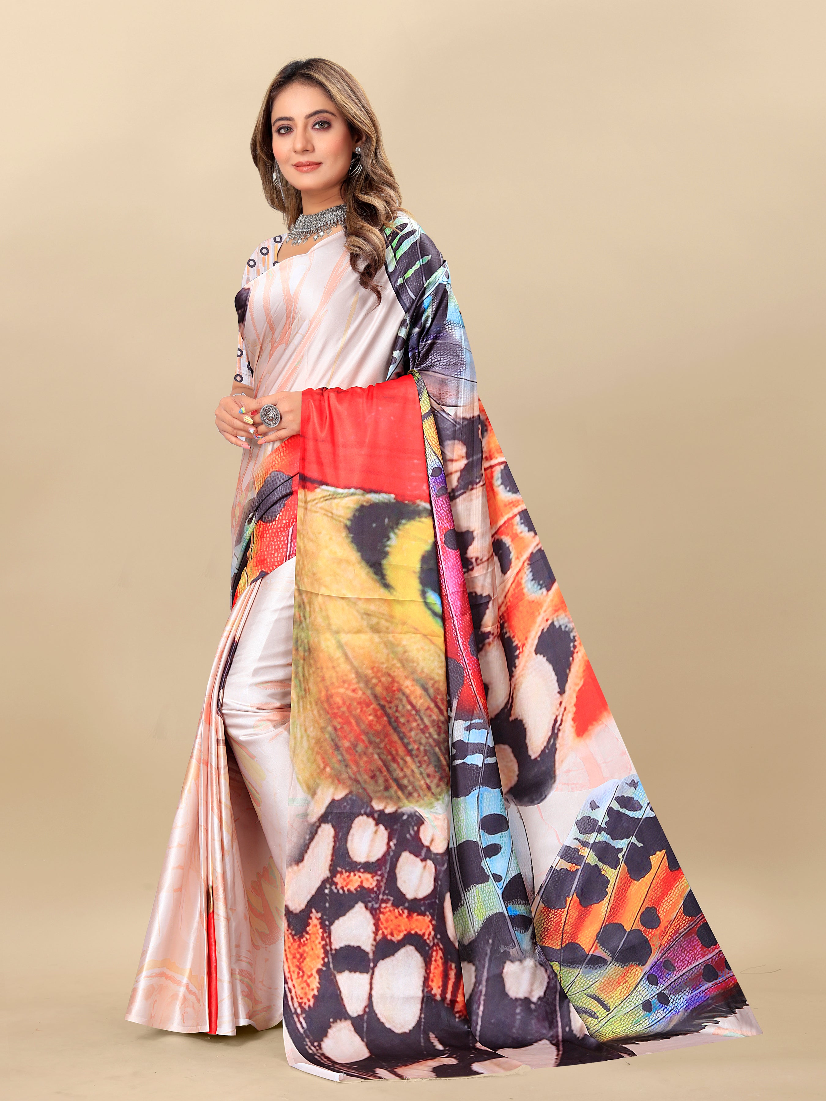 Vedant Vastram Digital Print Japan Satin Silk Party Wear Saree with Unstitched Blouse Piece - Multi Color - Distacart