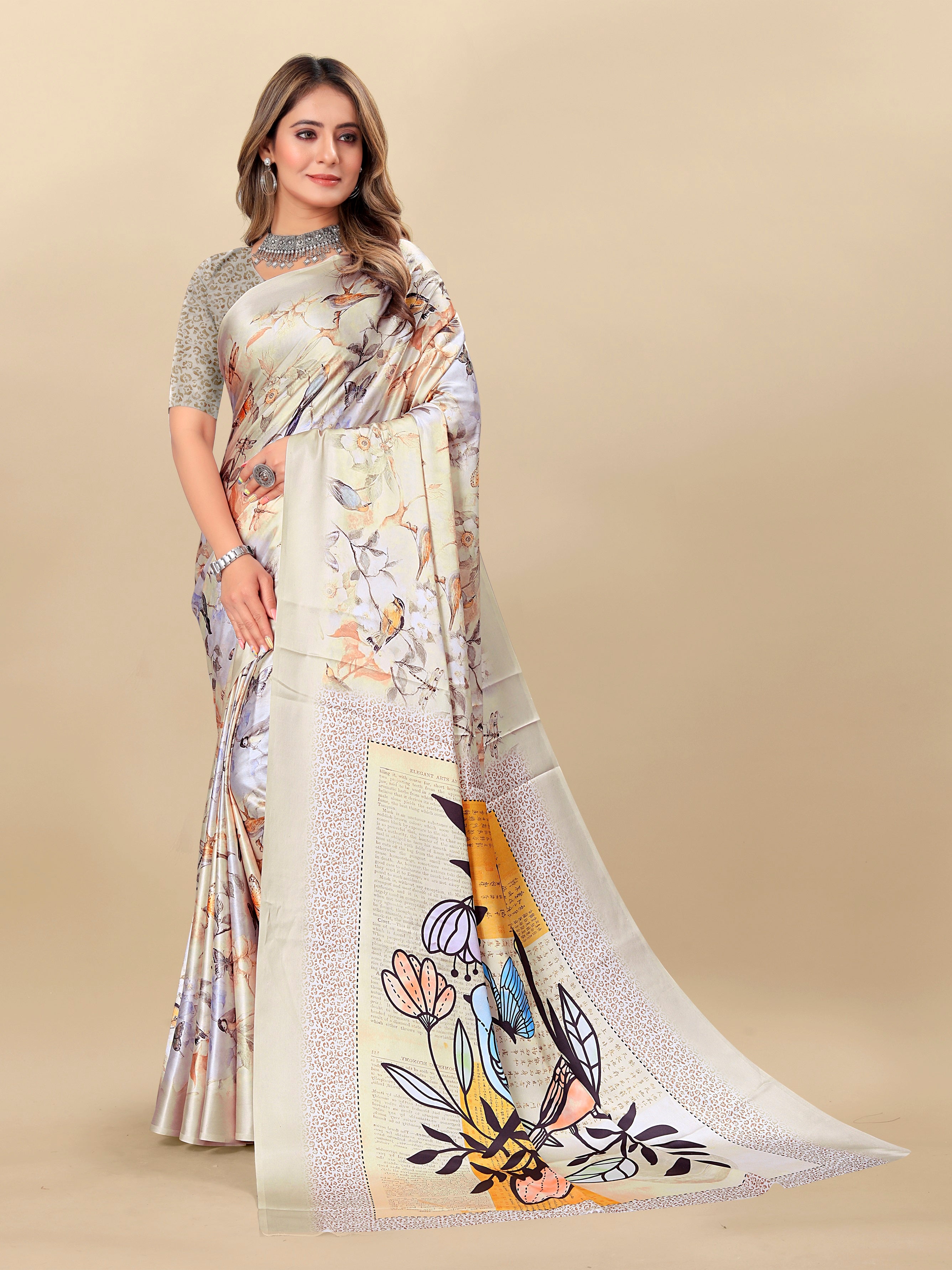 Vedant Vastram Digital Print Japan Satin Silk Party Wear Saree with Unstitched Blouse Piece - Cream - Distacart