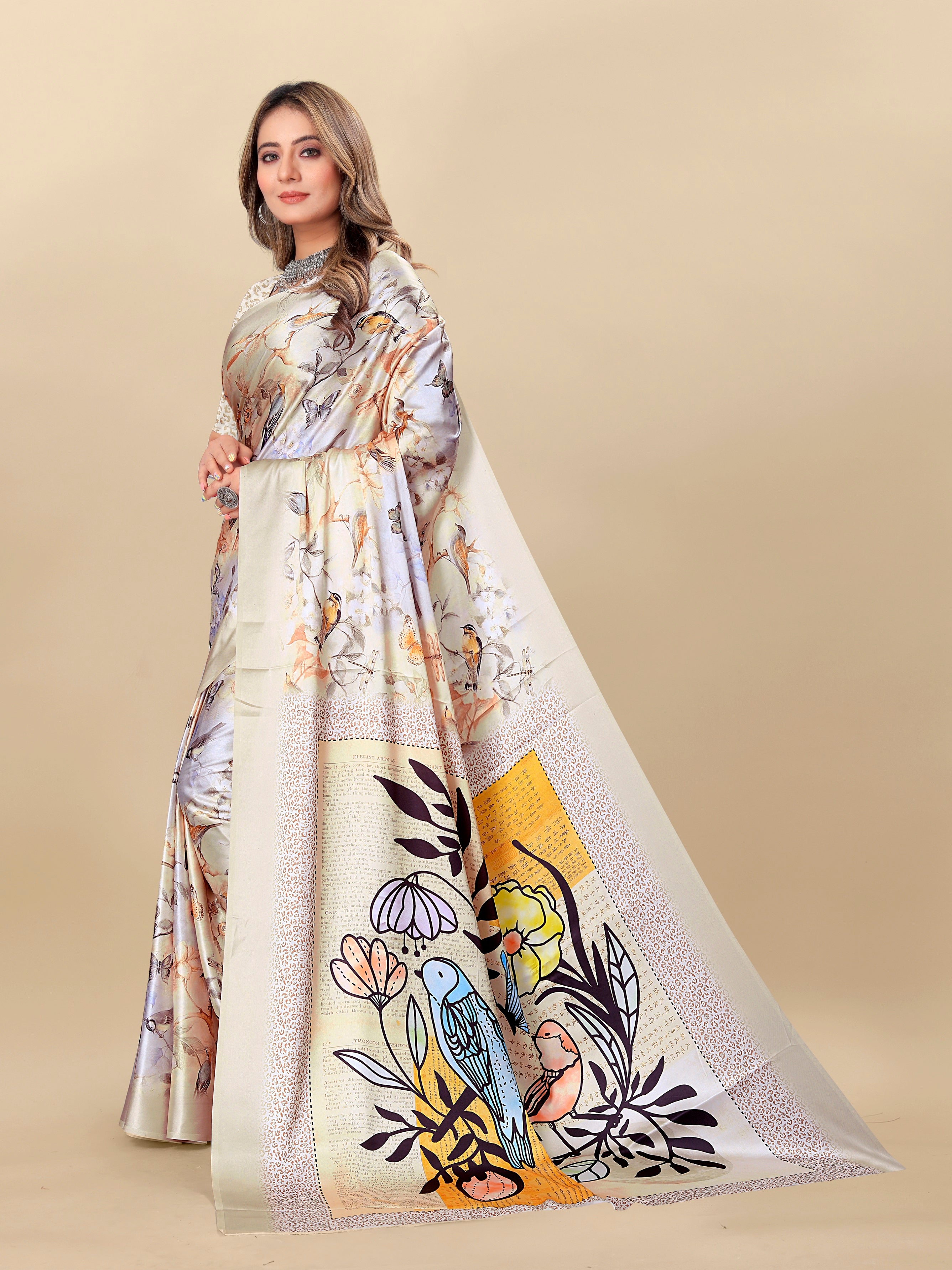 Vedant Vastram Digital Print Japan Satin Silk Party Wear Saree with Unstitched Blouse Piece - Cream - Distacart