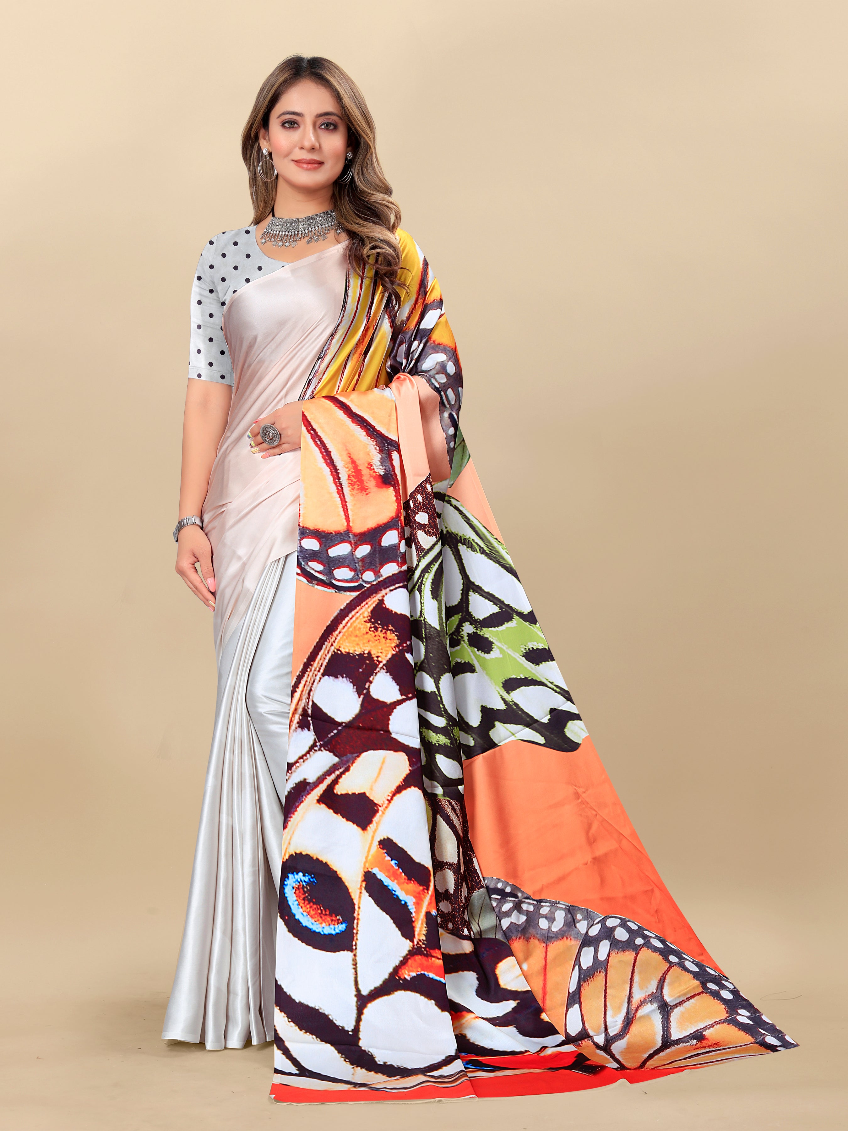 Vedant Vastram Digital Print Japan Satin Silk Party Wear Saree with Unstitched Blouse Piece - Off White - Distacart