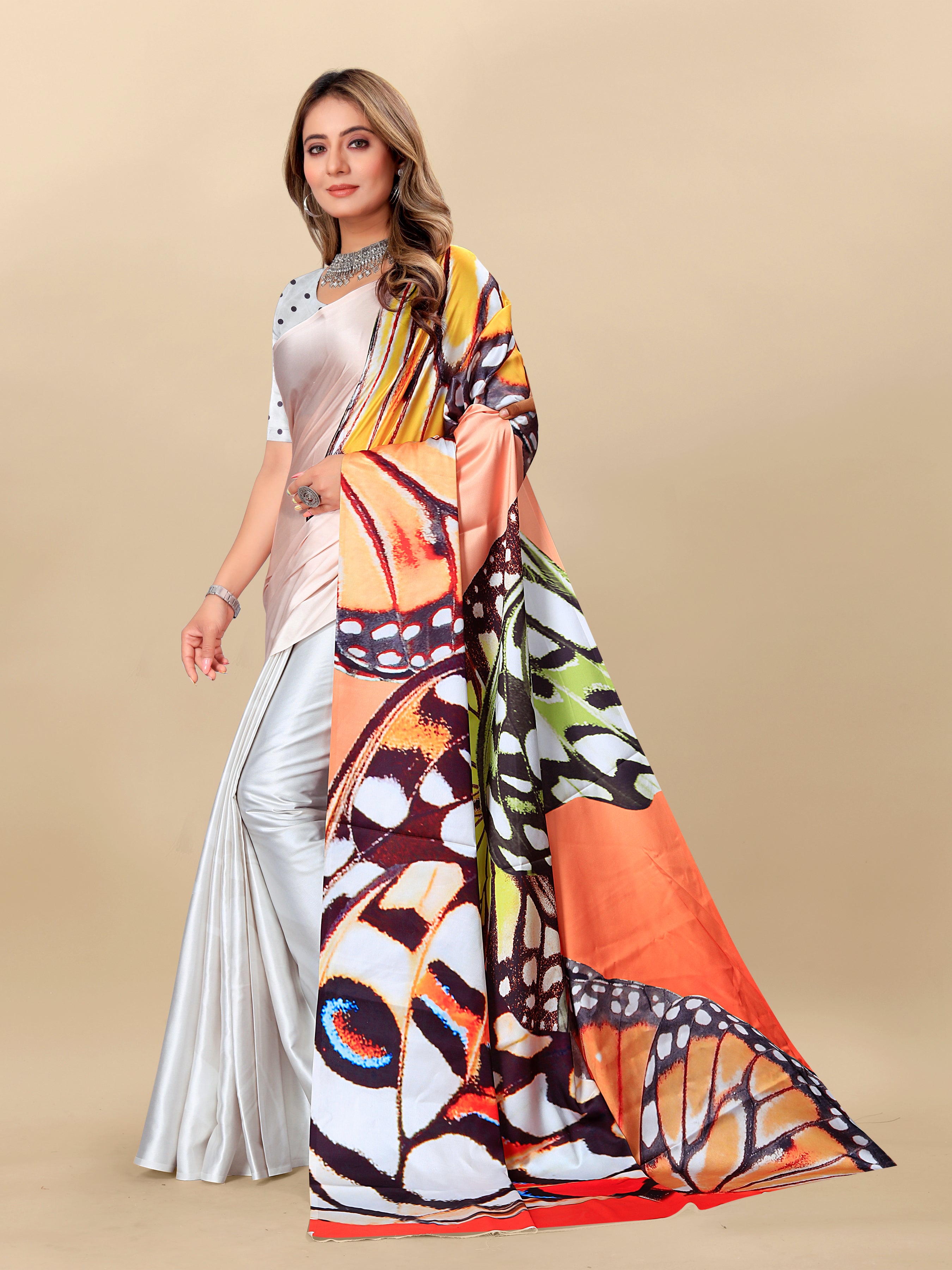 Vedant Vastram Digital Print Japan Satin Silk Party Wear Saree with Unstitched Blouse Piece - Off White - Distacart