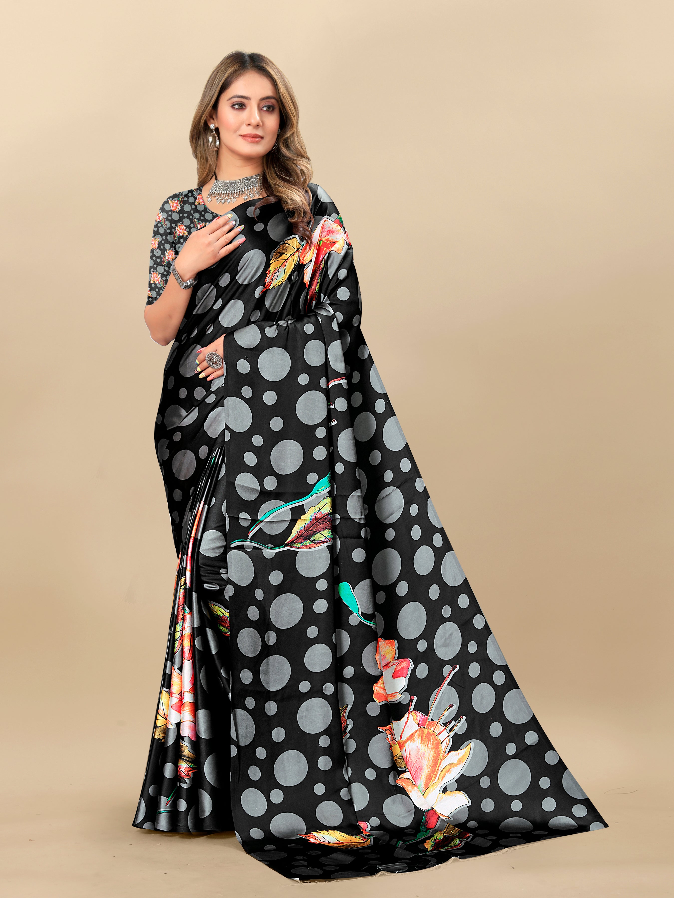 Vedant Vastram Digital Print Japan Satin Silk Party Wear Saree with Unstitched Blouse Piece - Black - Distacart