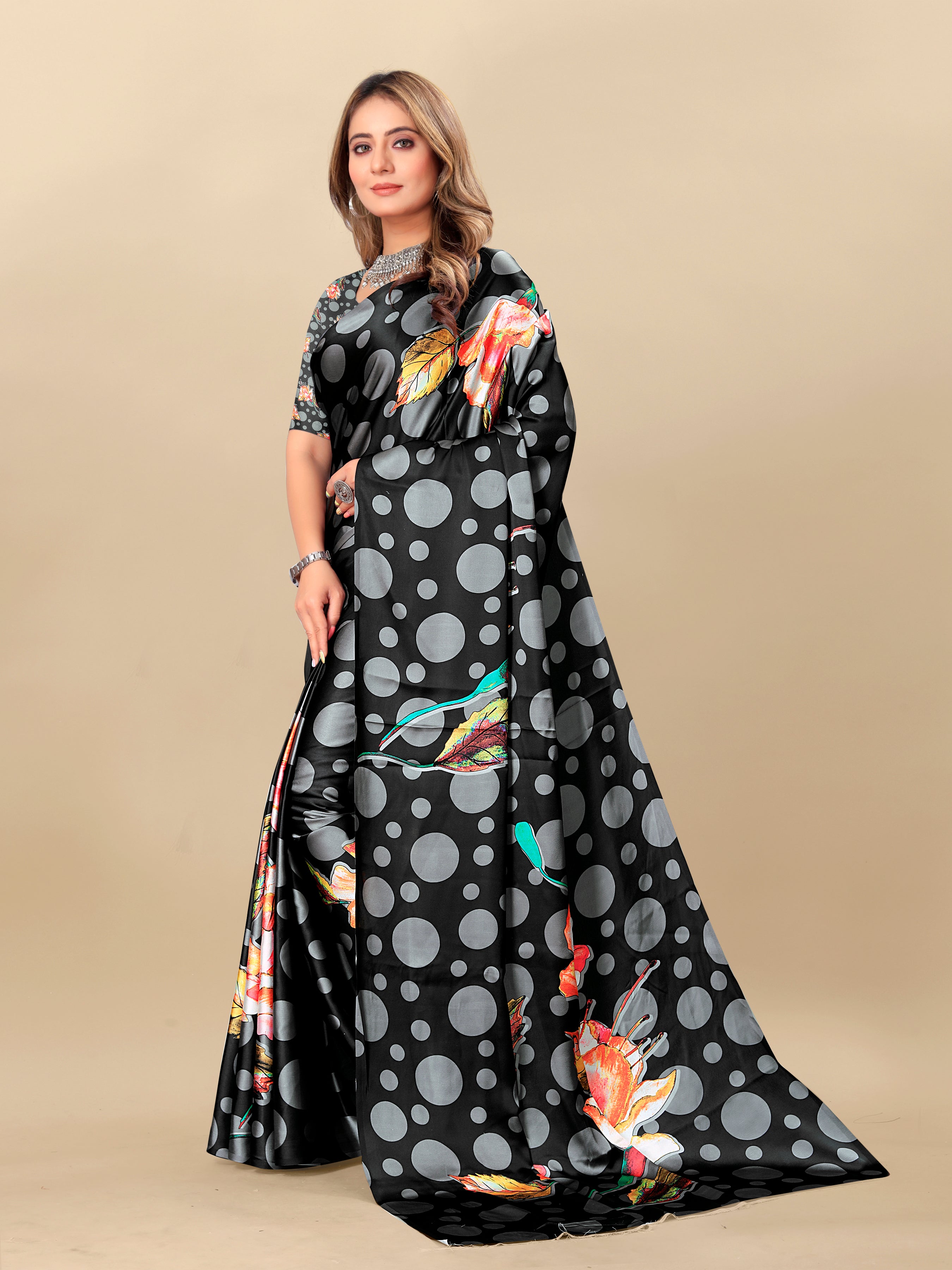 Vedant Vastram Digital Print Japan Satin Silk Party Wear Saree with Unstitched Blouse Piece - Black - Distacart