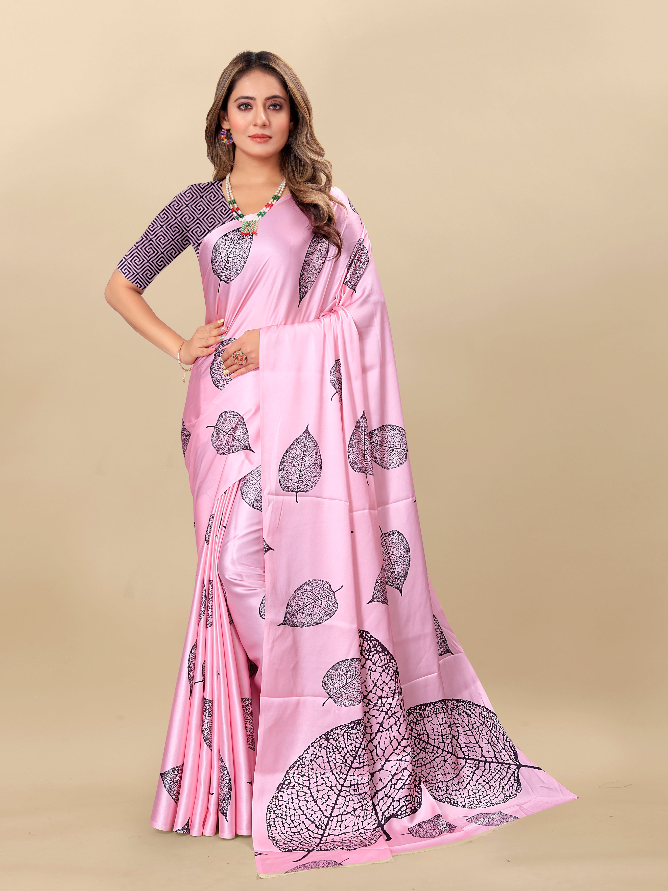Vedant Vastram Digital Print Japan Satin Silk Party Wear Saree with Unstitched Blouse Piece - Pink - Distacart
