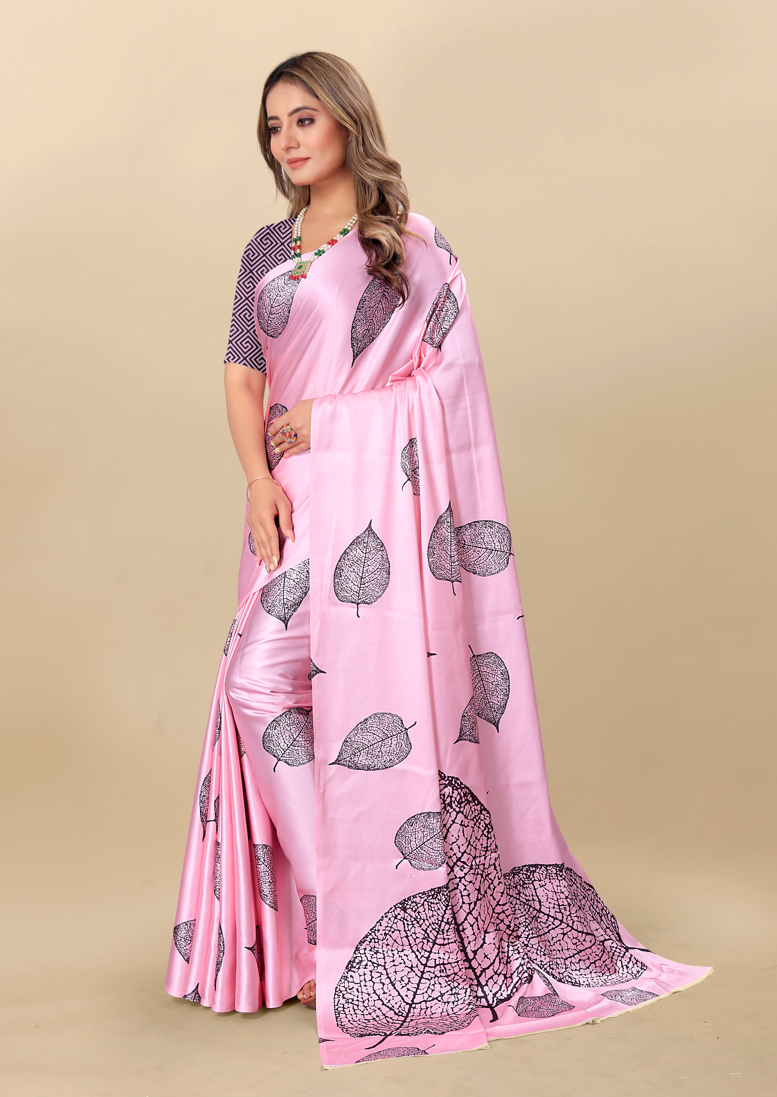 Vedant Vastram Digital Print Japan Satin Silk Party Wear Saree with Unstitched Blouse Piece - Pink - Distacart