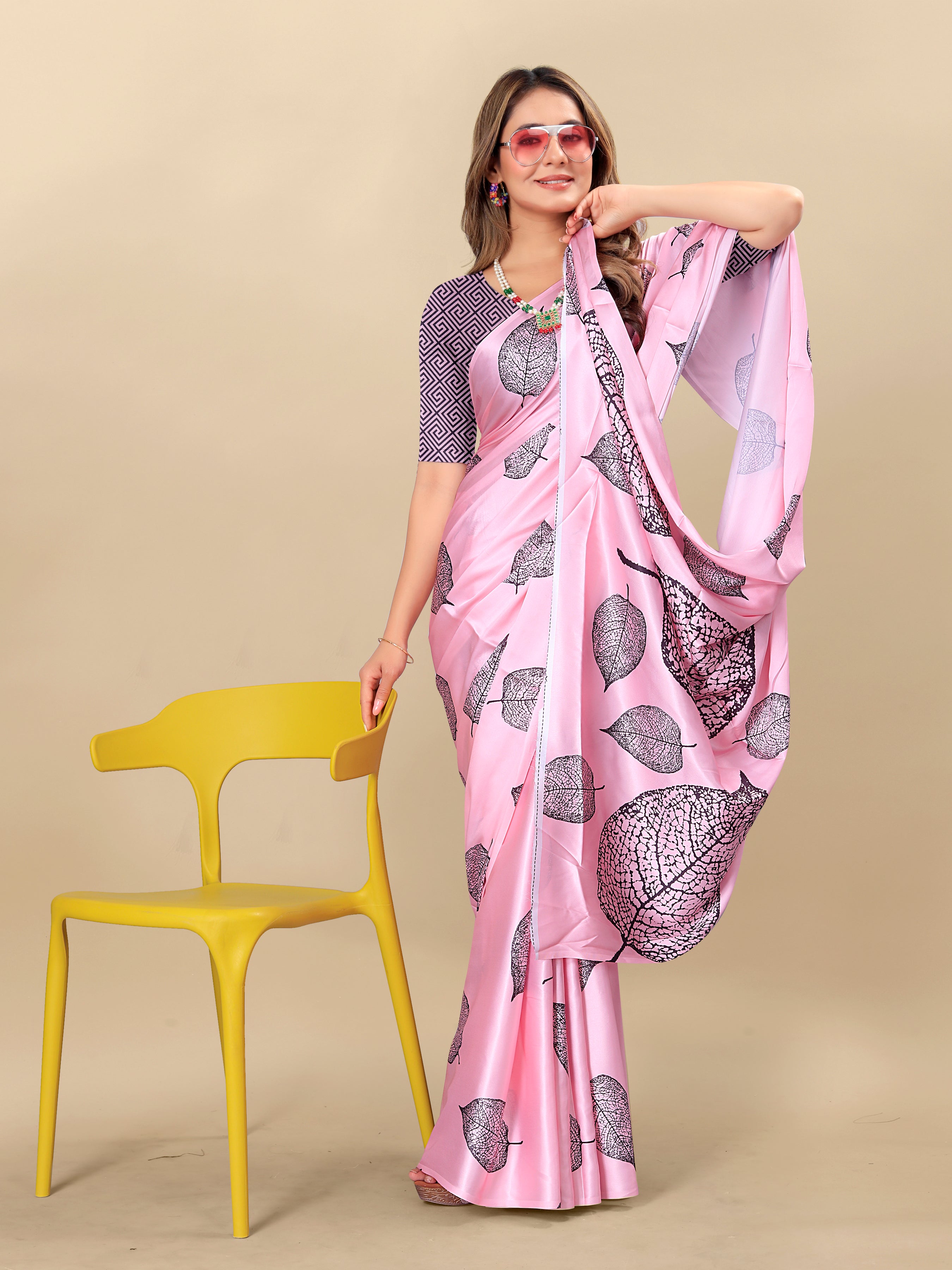 Vedant Vastram Digital Print Japan Satin Silk Party Wear Saree with Unstitched Blouse Piece - Pink - Distacart