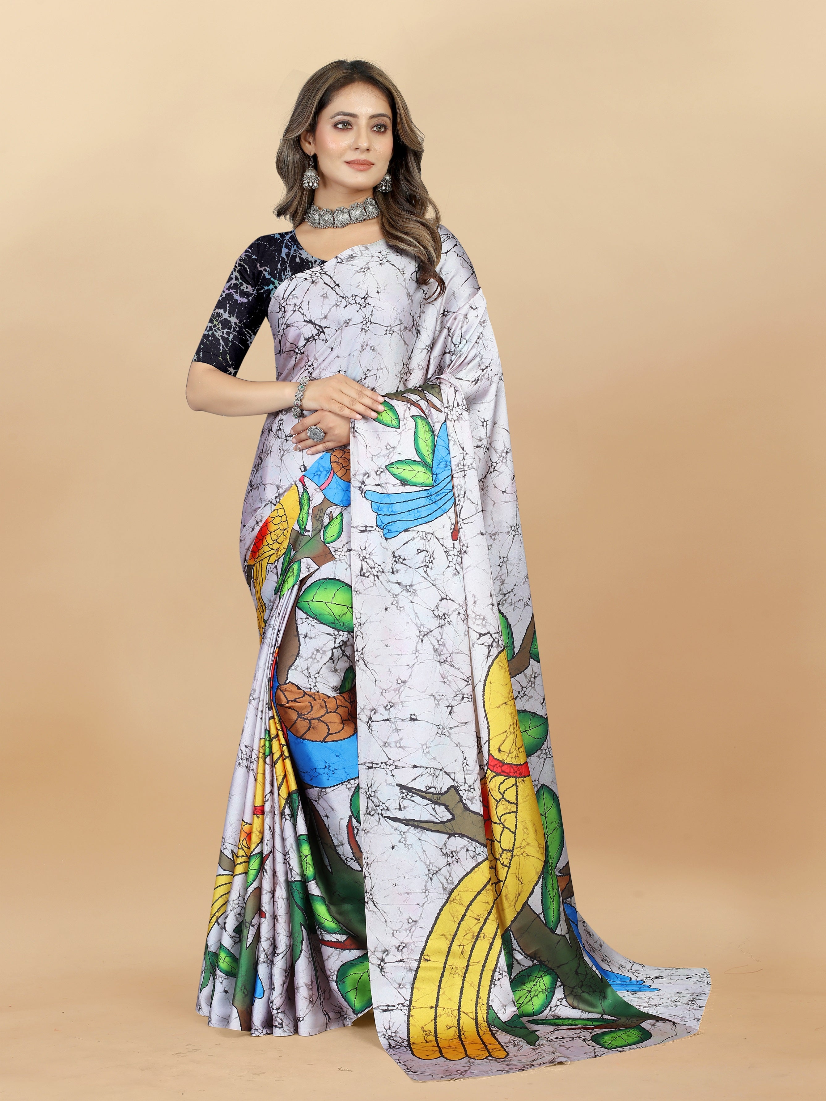 Vedant Vastram Digital Print Japan Satin Silk Party Wear Saree with Unstitched Blouse Piece - Off White - Distacart