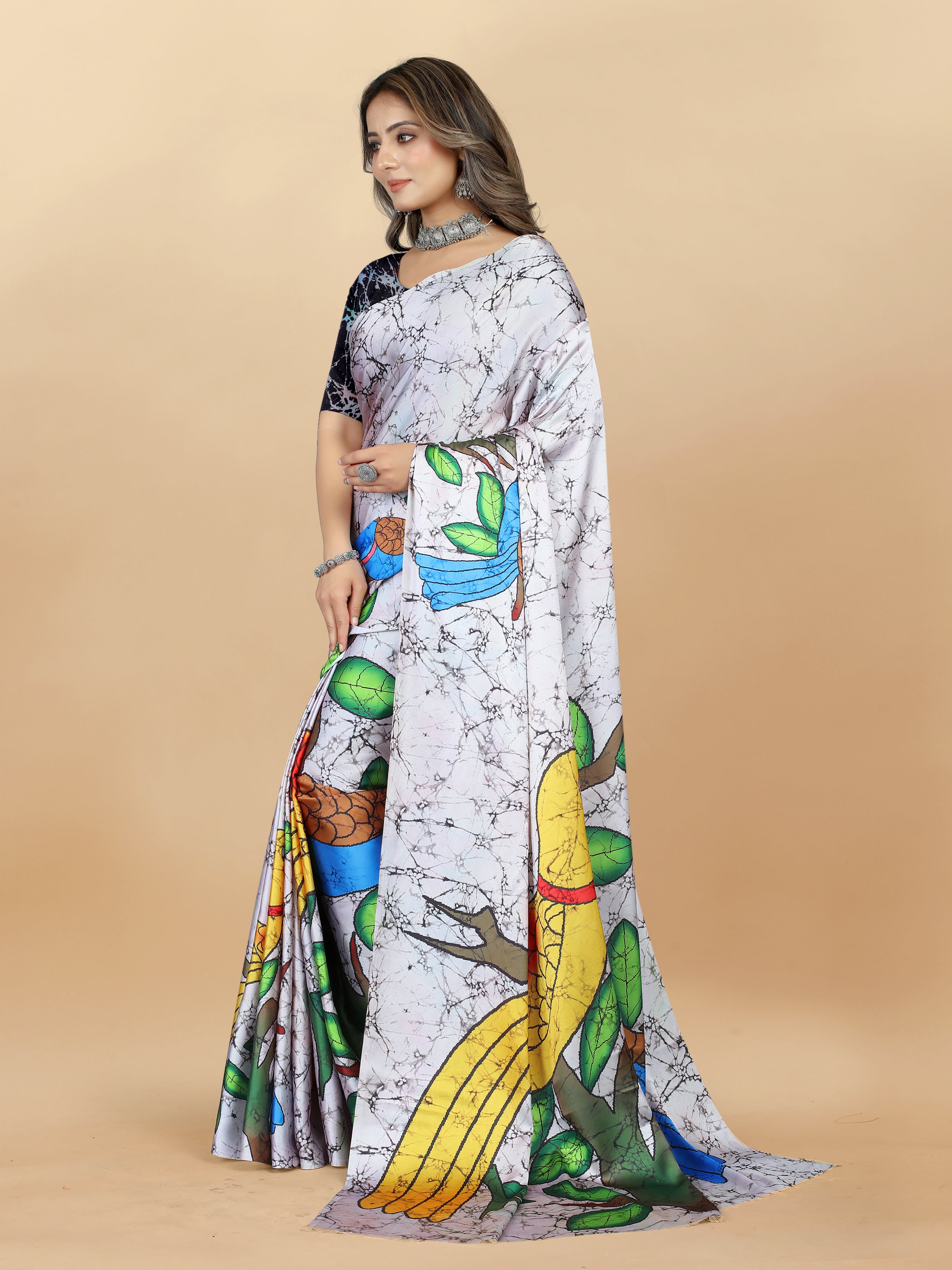 Vedant Vastram Digital Print Japan Satin Silk Party Wear Saree with Unstitched Blouse Piece - Off White - Distacart