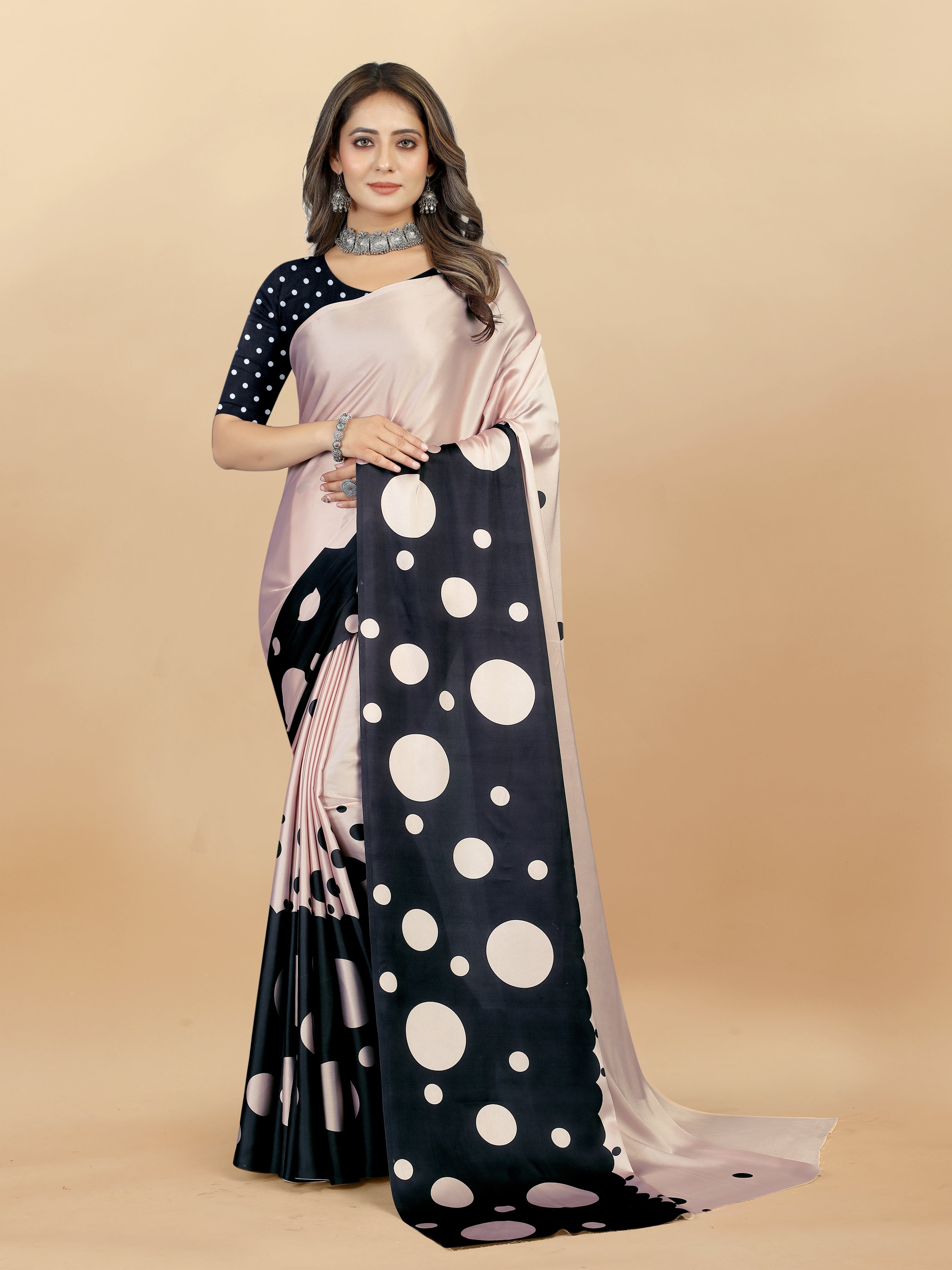 Vedant Vastram Digital Print Japan Satin Silk Party Wear Saree with Unstitched Blouse Piece - Black - Distacart