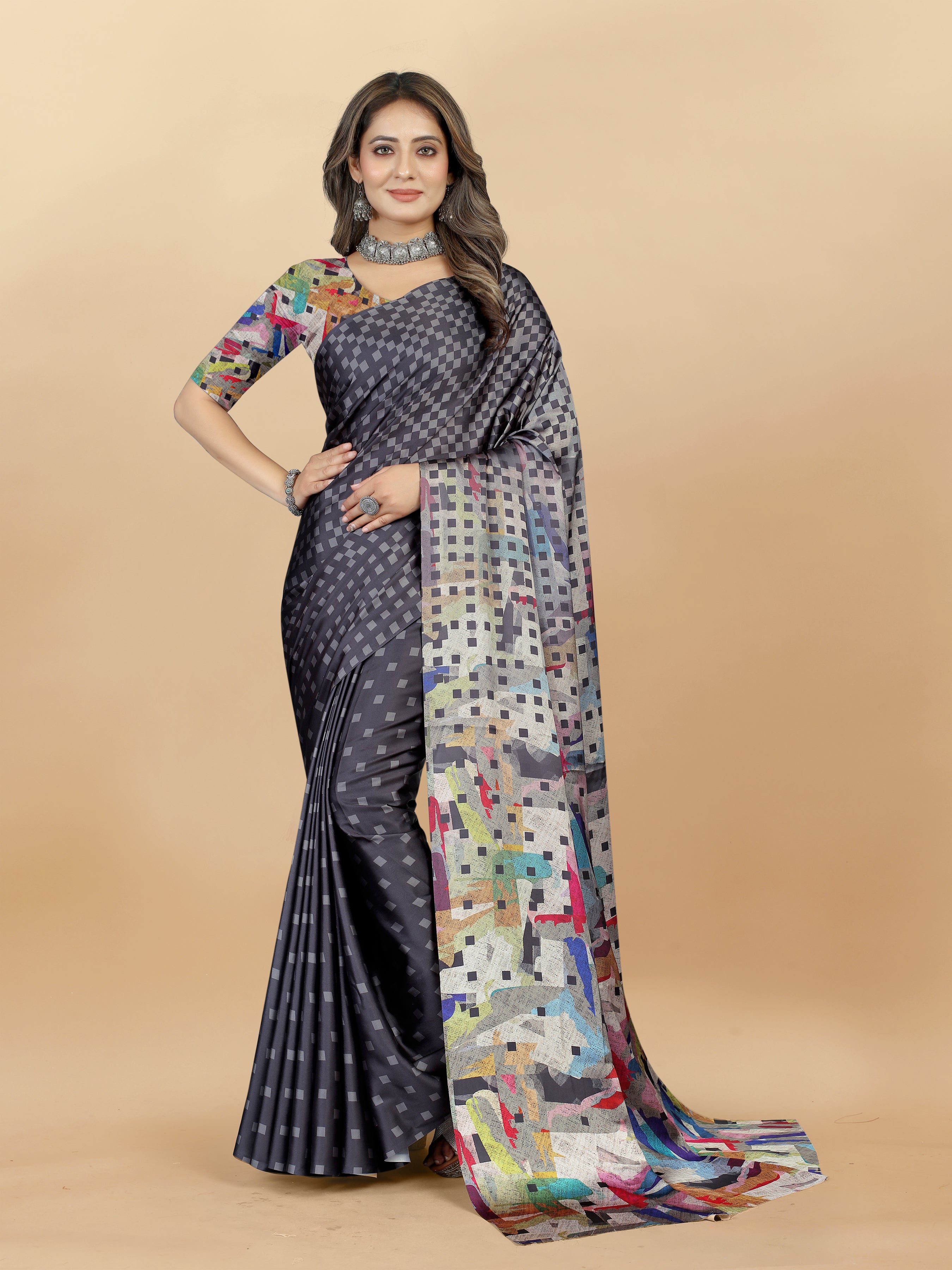 Vedant Vastram Digital Print Japan Satin Silk Party Wear Saree with Unstitched Blouse Piece - Grey - Distacart