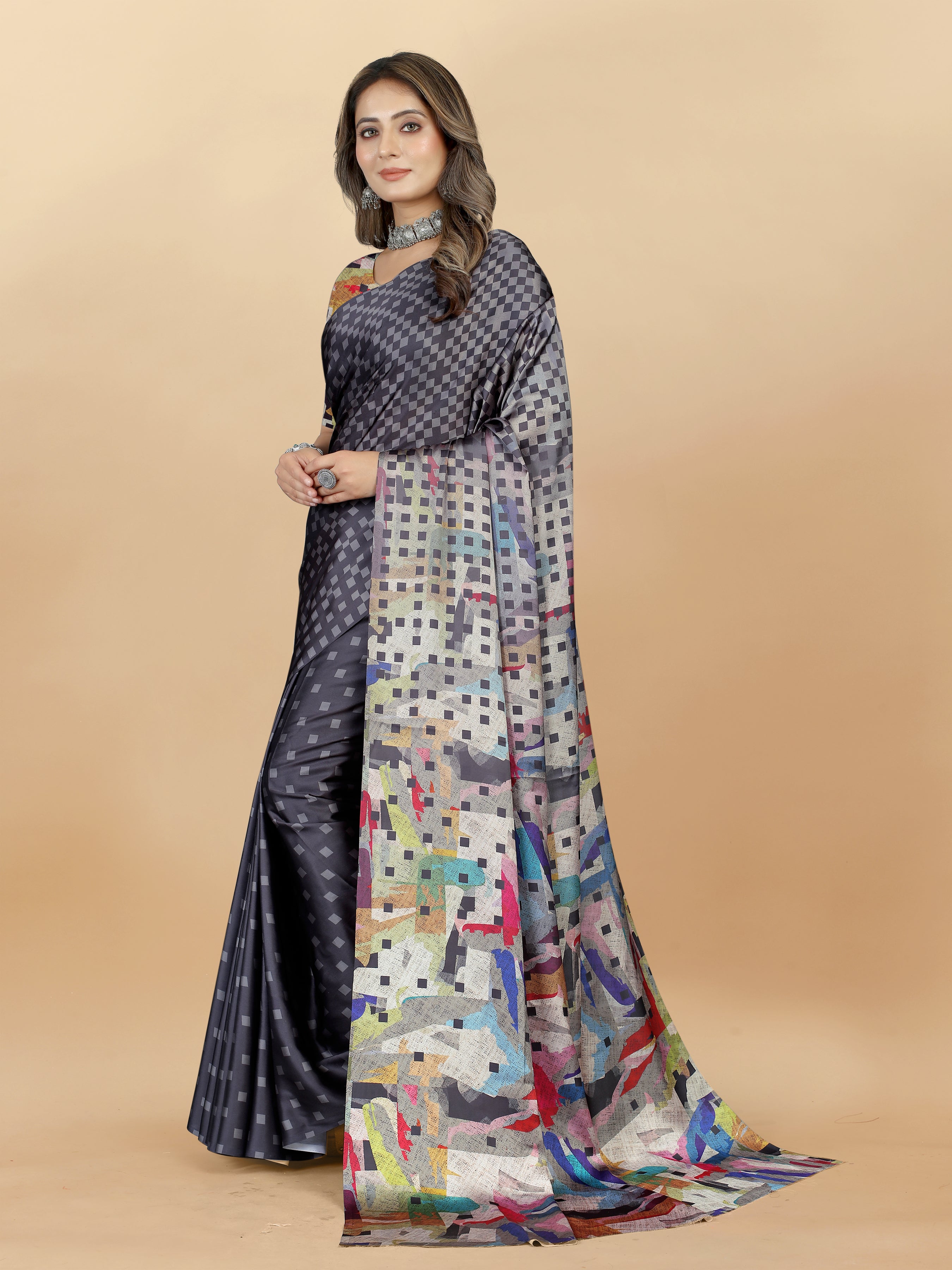Vedant Vastram Digital Print Japan Satin Silk Party Wear Saree with Unstitched Blouse Piece - Grey - Distacart
