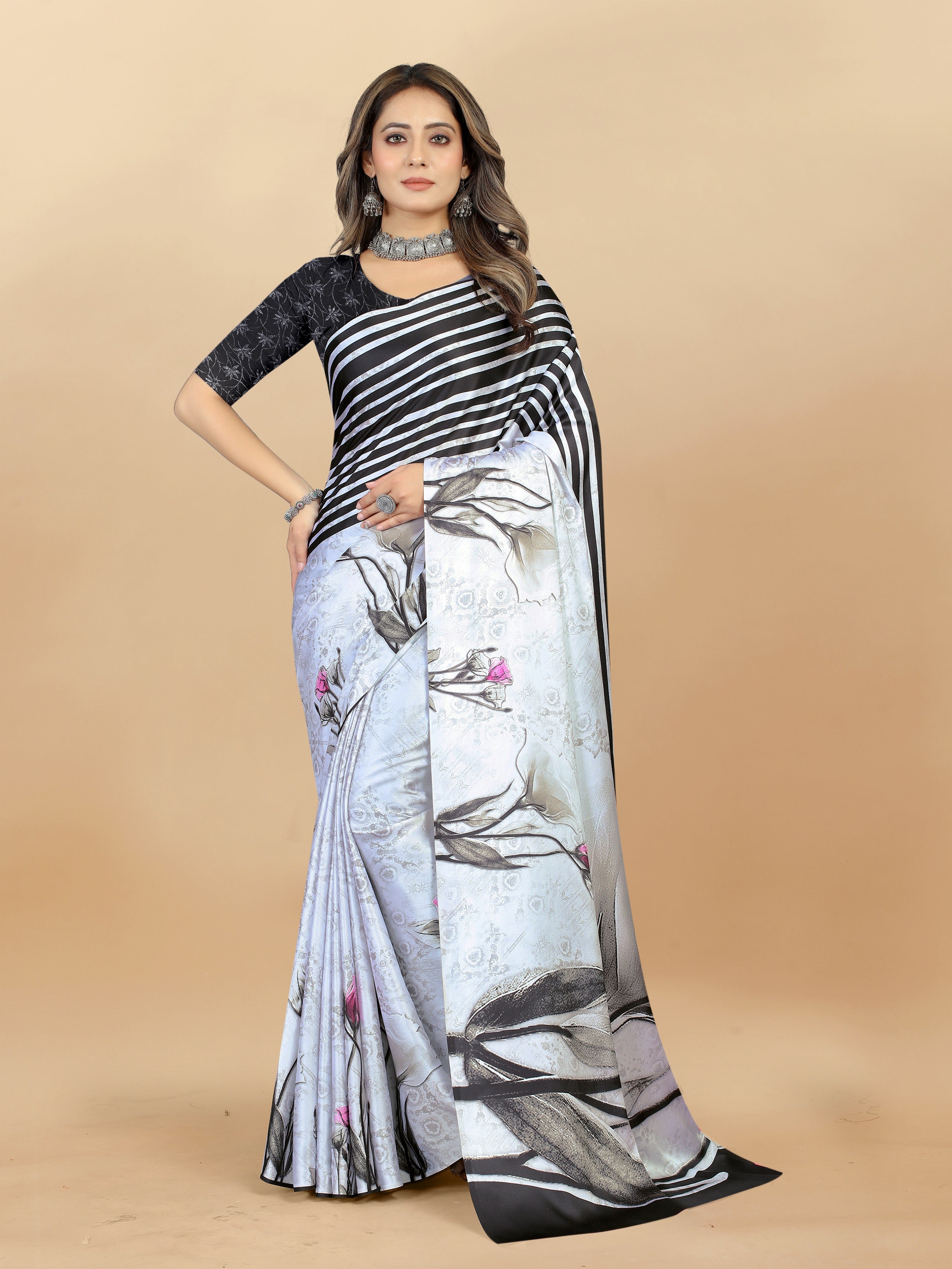 Vedant Vastram Digital Print Japan Satin Silk Party Wear Saree with Unstitched Blouse Piece - White - Distacart
