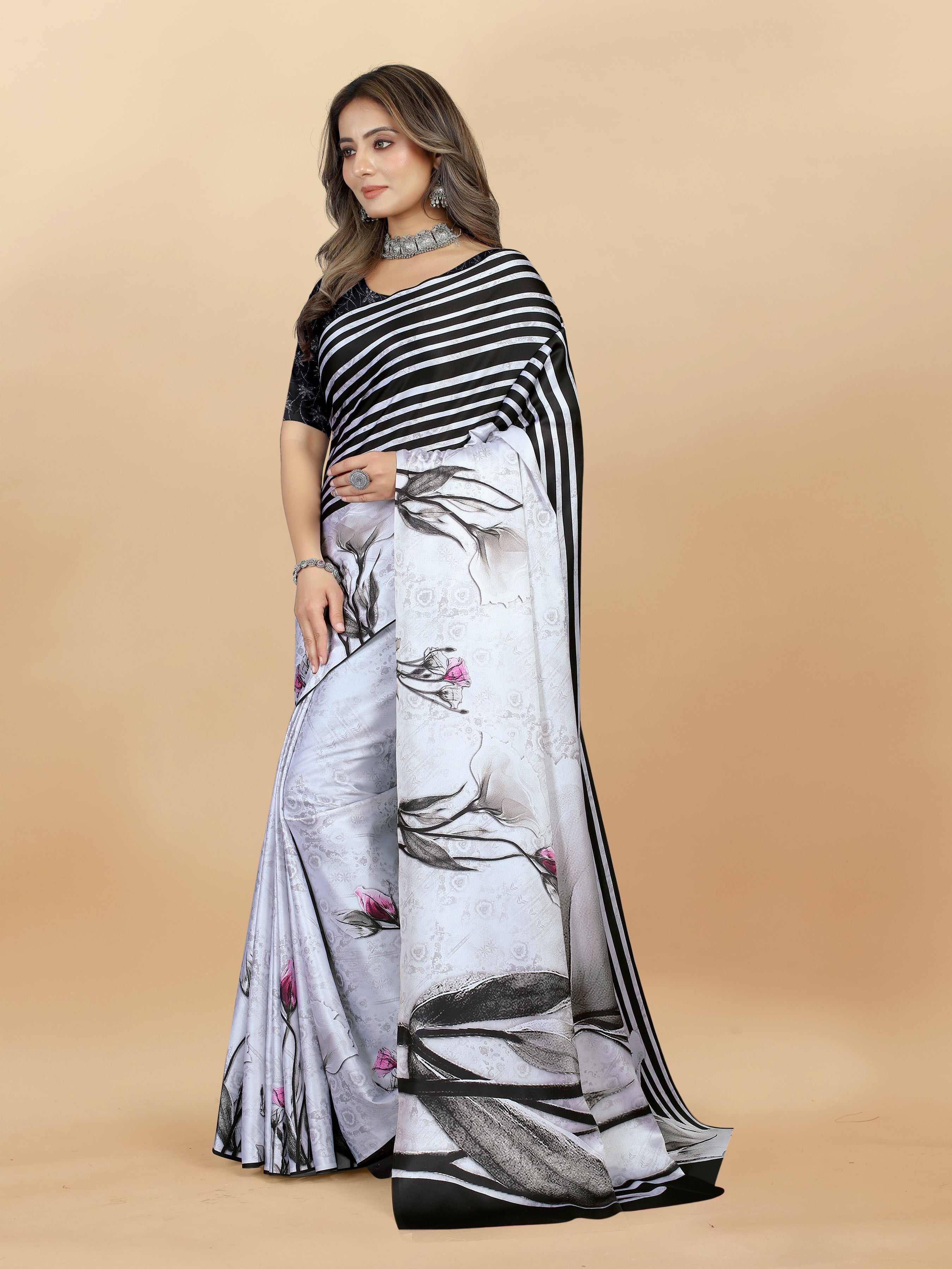 Vedant Vastram Digital Print Japan Satin Silk Party Wear Saree with Unstitched Blouse Piece - White - Distacart