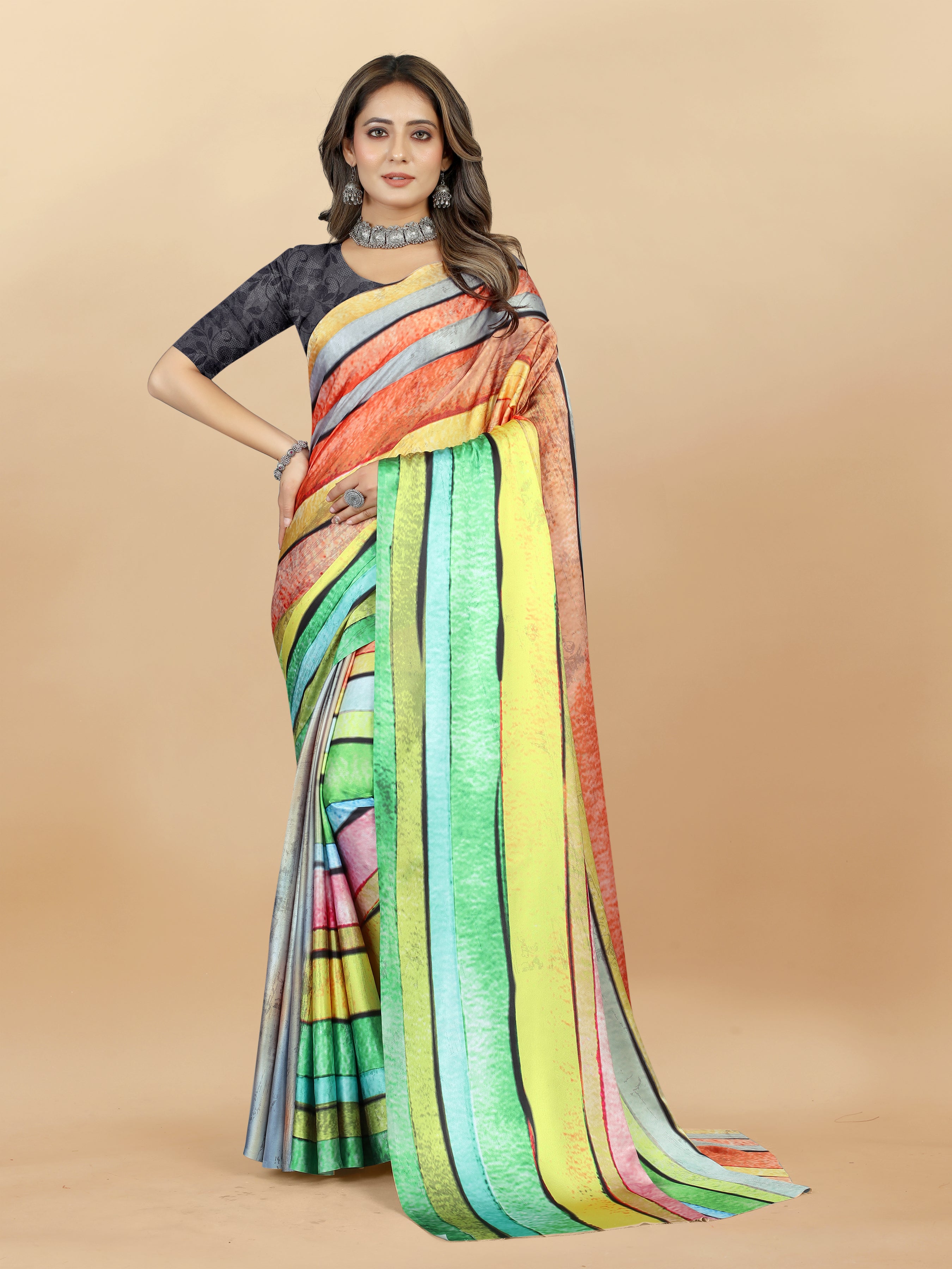 Vedant Vastram Digital Print Japan Satin Silk Party Wear Saree with Unstitched Blouse Piece - Parrot - Distacart