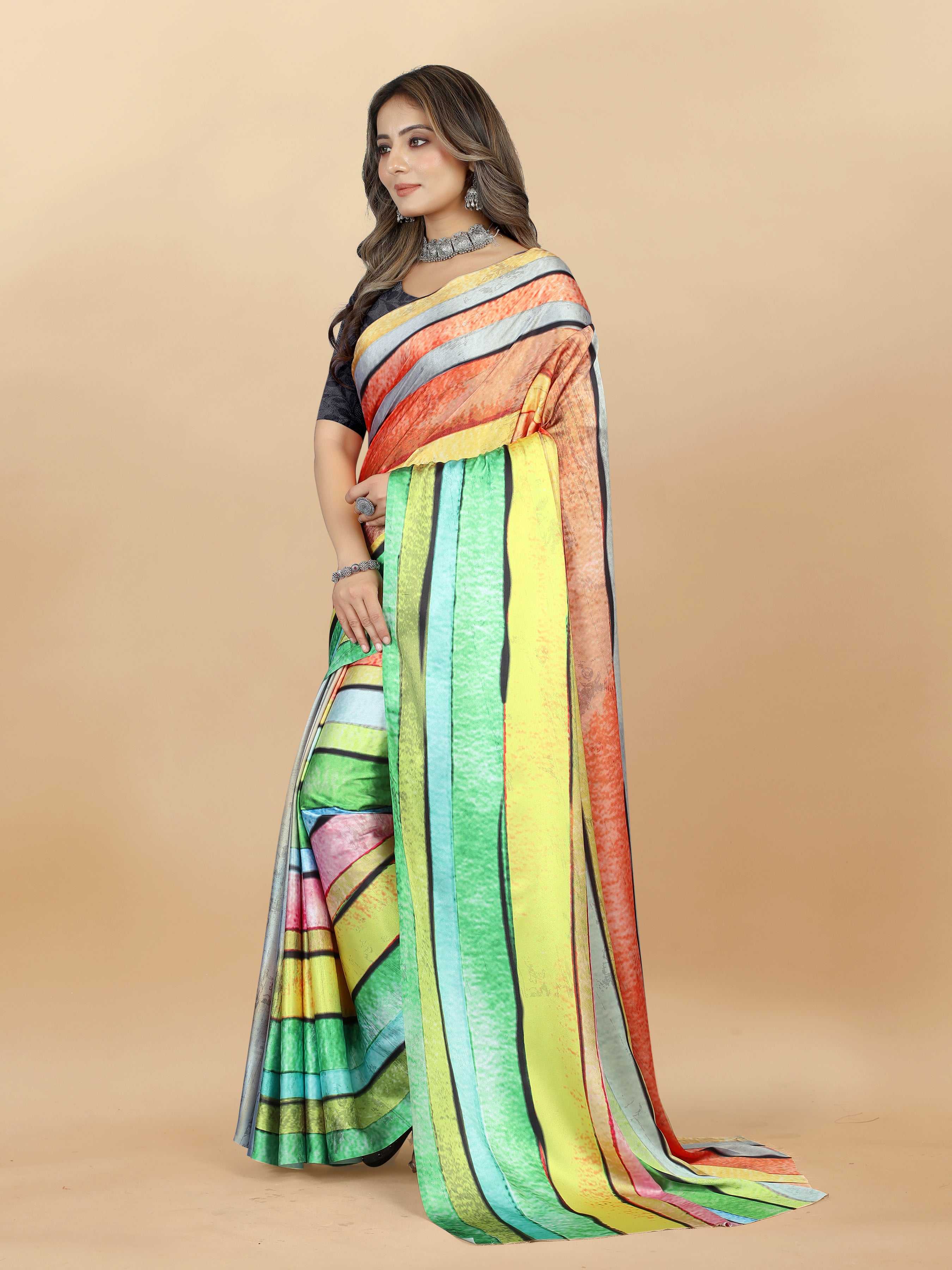 Vedant Vastram Digital Print Japan Satin Silk Party Wear Saree with Unstitched Blouse Piece - Parrot - Distacart