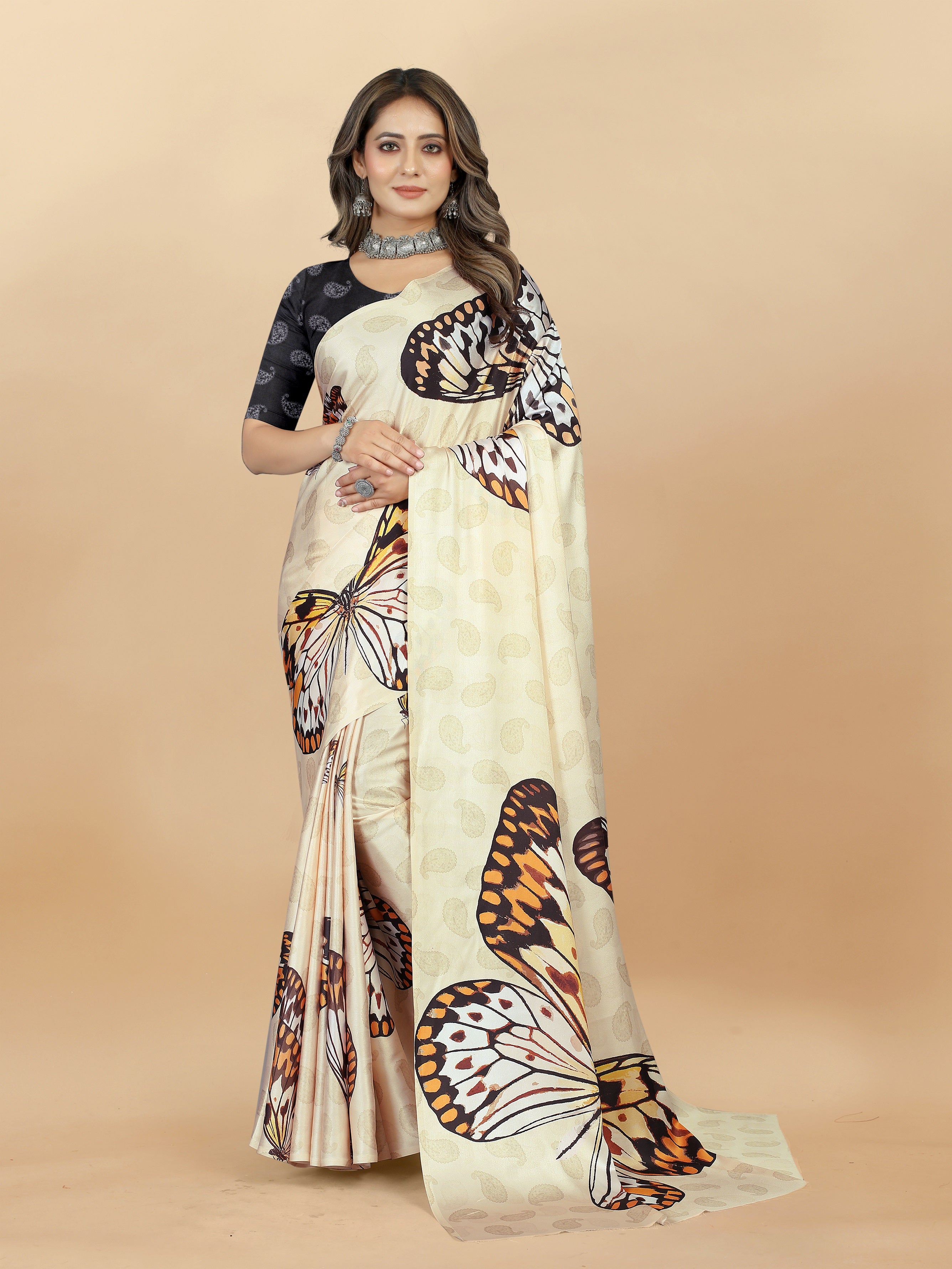 Vedant Vastram Digital Print Japan Satin Silk Party Wear Saree with Unstitched Blouse Piece - Cream - Distacart