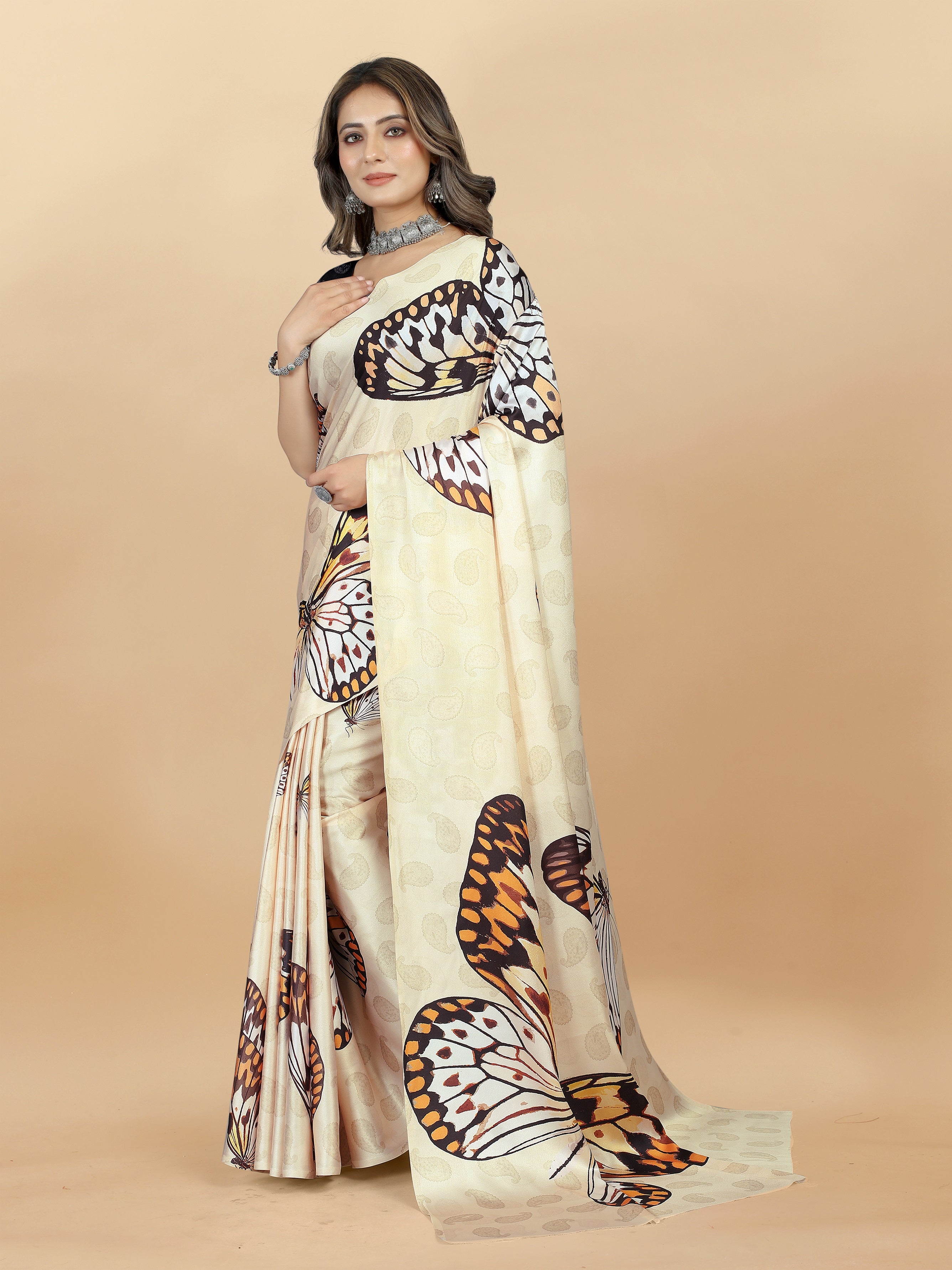 Vedant Vastram Digital Print Japan Satin Silk Party Wear Saree with Unstitched Blouse Piece - Cream - Distacart