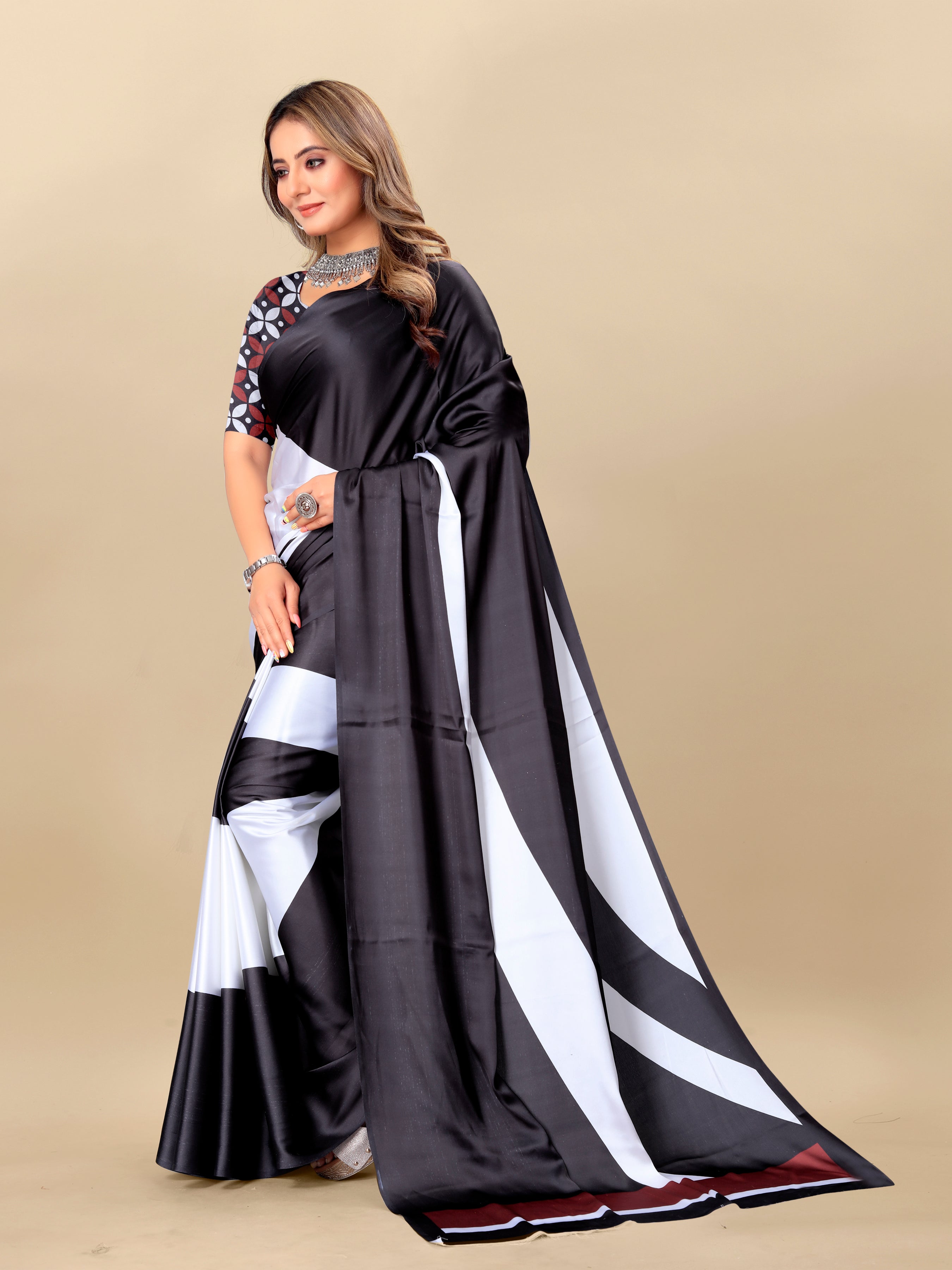 Vedant Vastram Digital Print Japan Satin Silk Party Wear Saree with Unstitched Blouse Piece - Black - Distacart