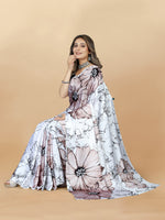 Thumbnail for Vedant Vastram Digital Print Japan Satin Silk Party Wear Saree with Unstitched Blouse Piece - White - Distacart
