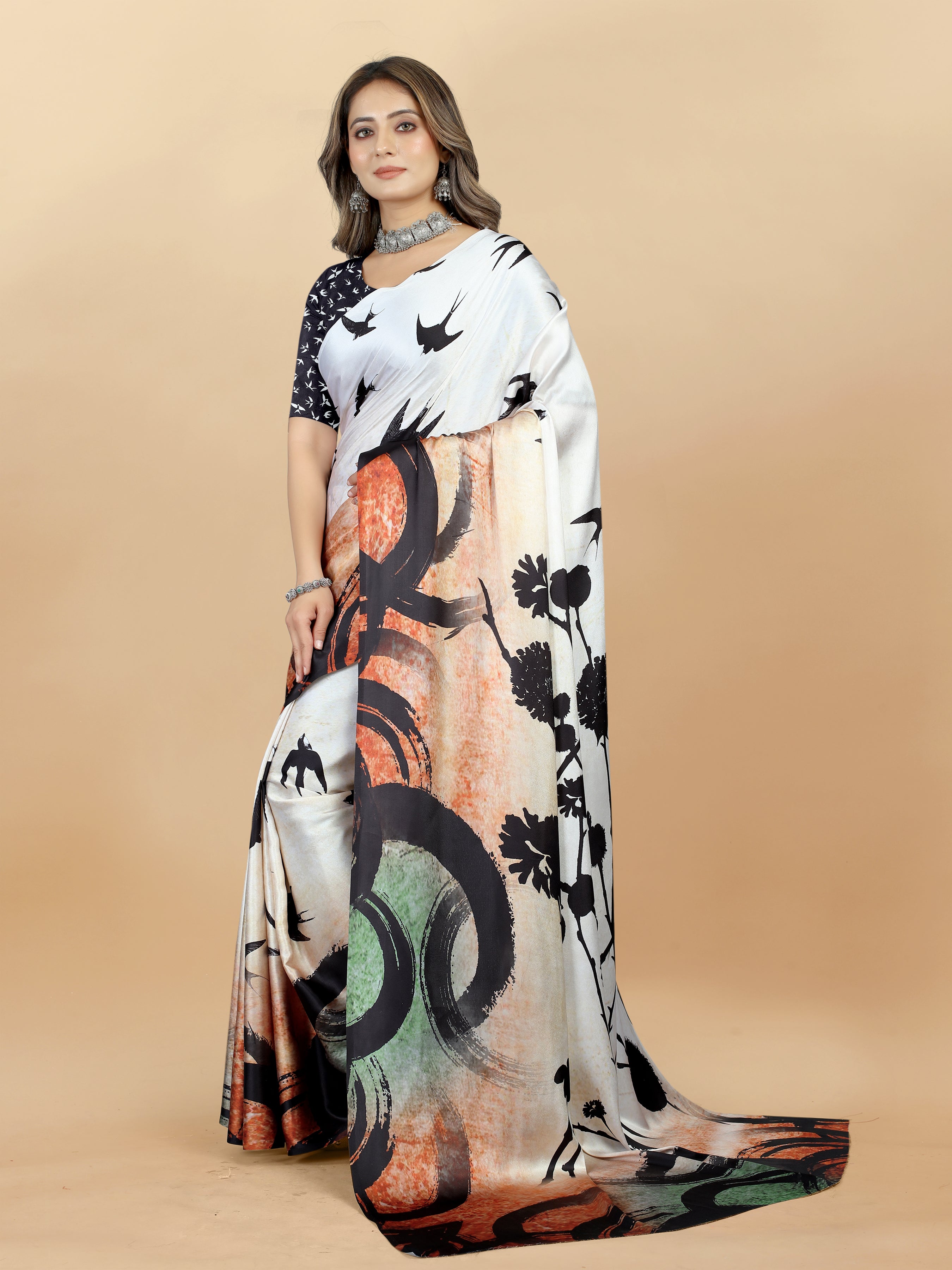 Vedant Vastram Digital Print Japan Satin Silk Party Wear Saree with Unstitched Blouse Piece - Cream - Distacart