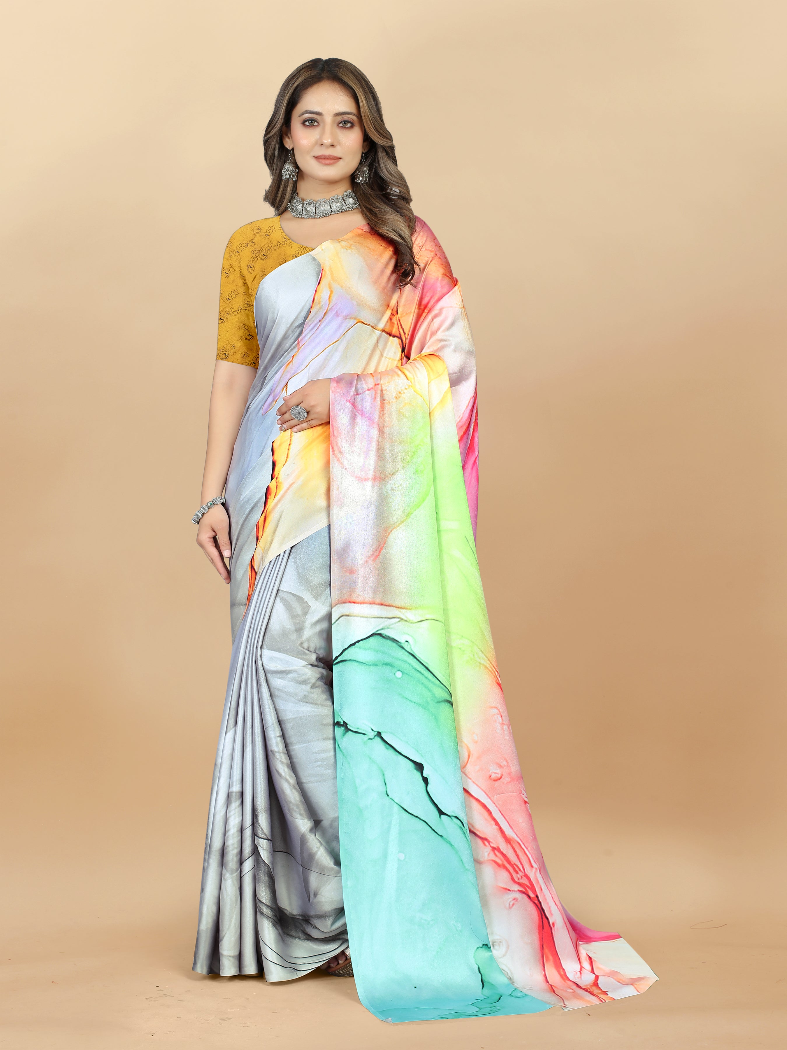 Vedant Vastram Digital Print Japan Satin Silk Party Wear Saree with Unstitched Blouse Piece - Multi Color - Distacart