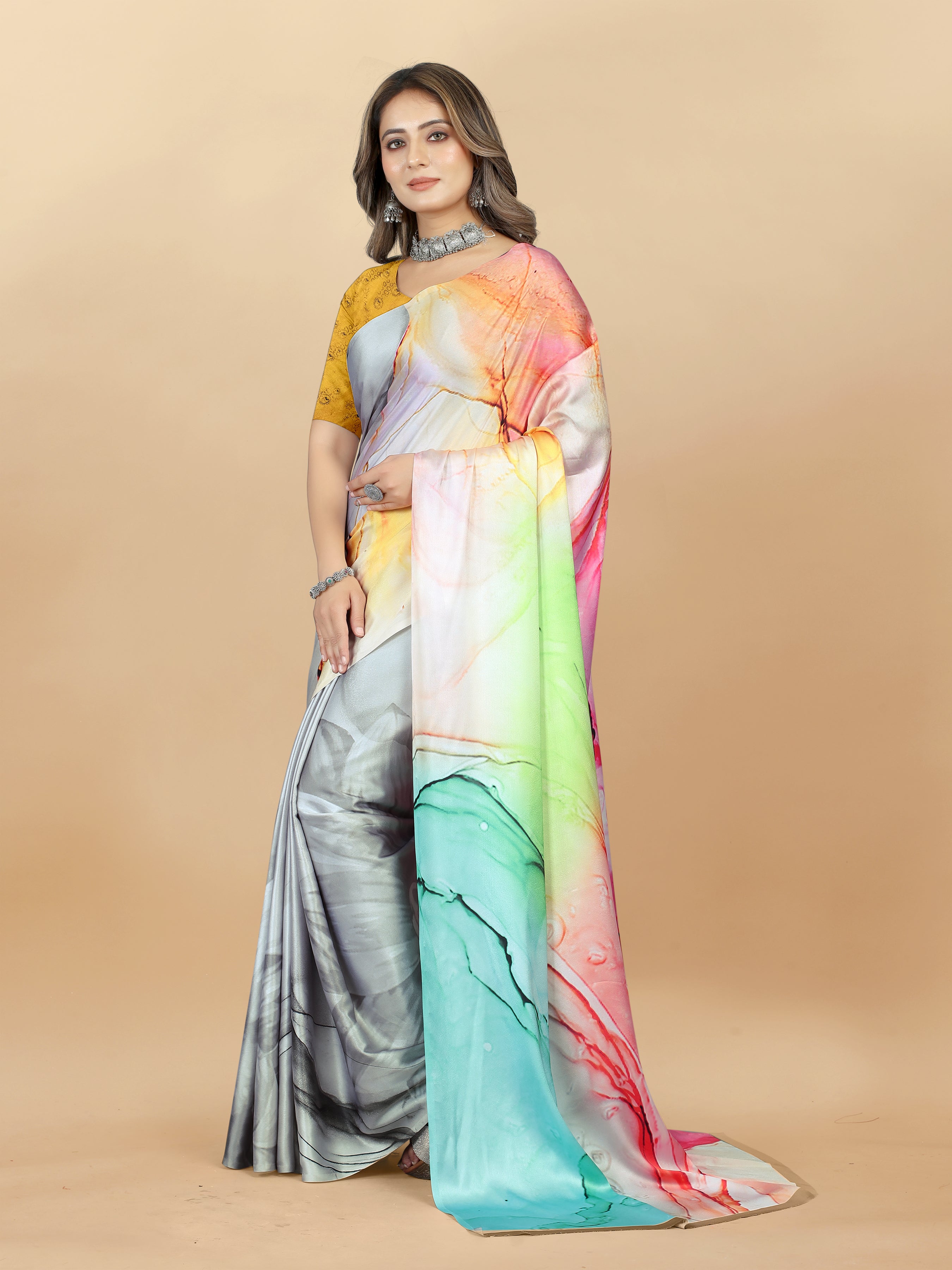 Vedant Vastram Digital Print Japan Satin Silk Party Wear Saree with Unstitched Blouse Piece - Multi Color - Distacart