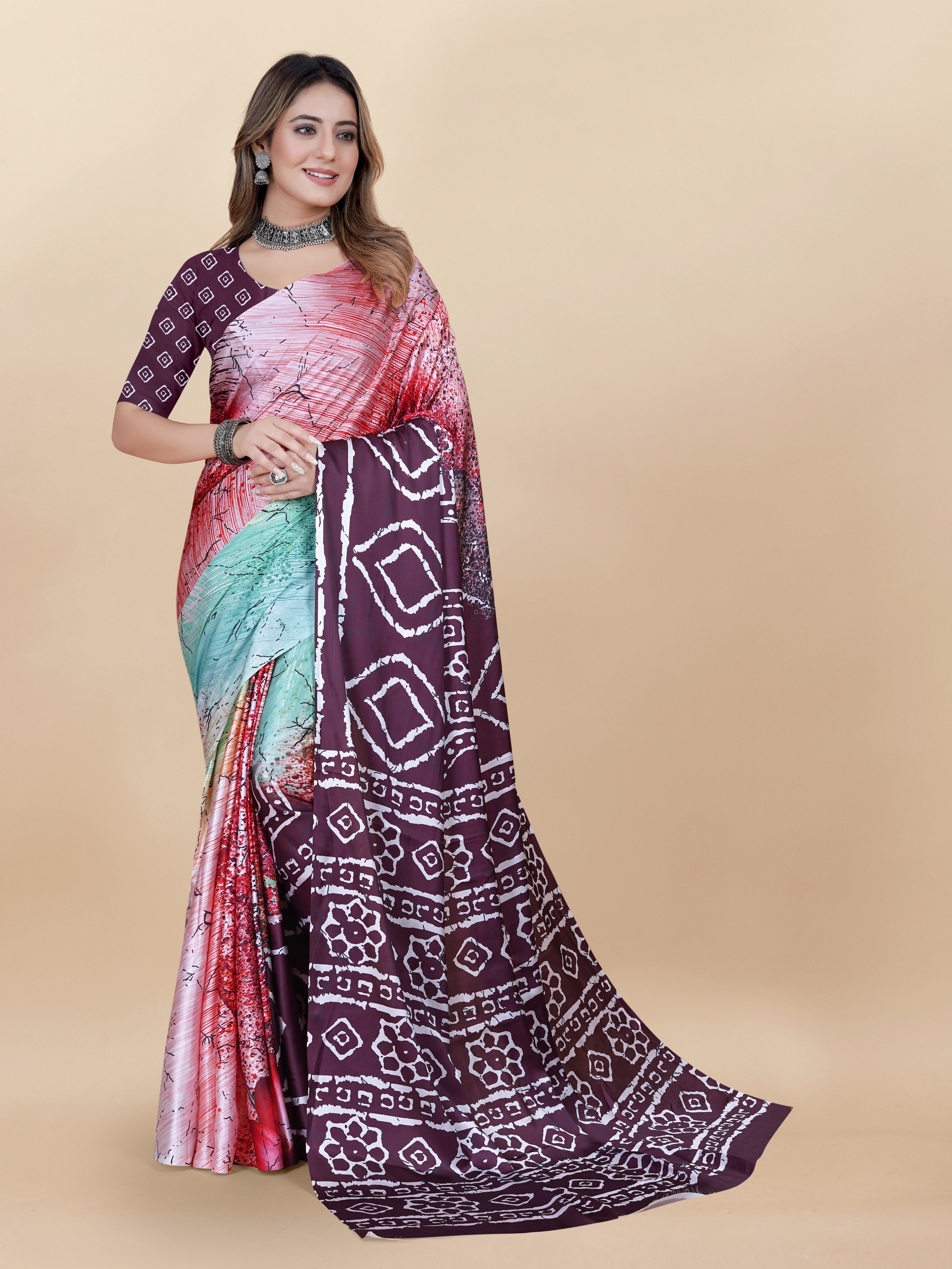 Vedant Vastram Digital Print Japan Satin Silk Party Wear Saree with Unstitched Blouse Piece - Purple - Distacart