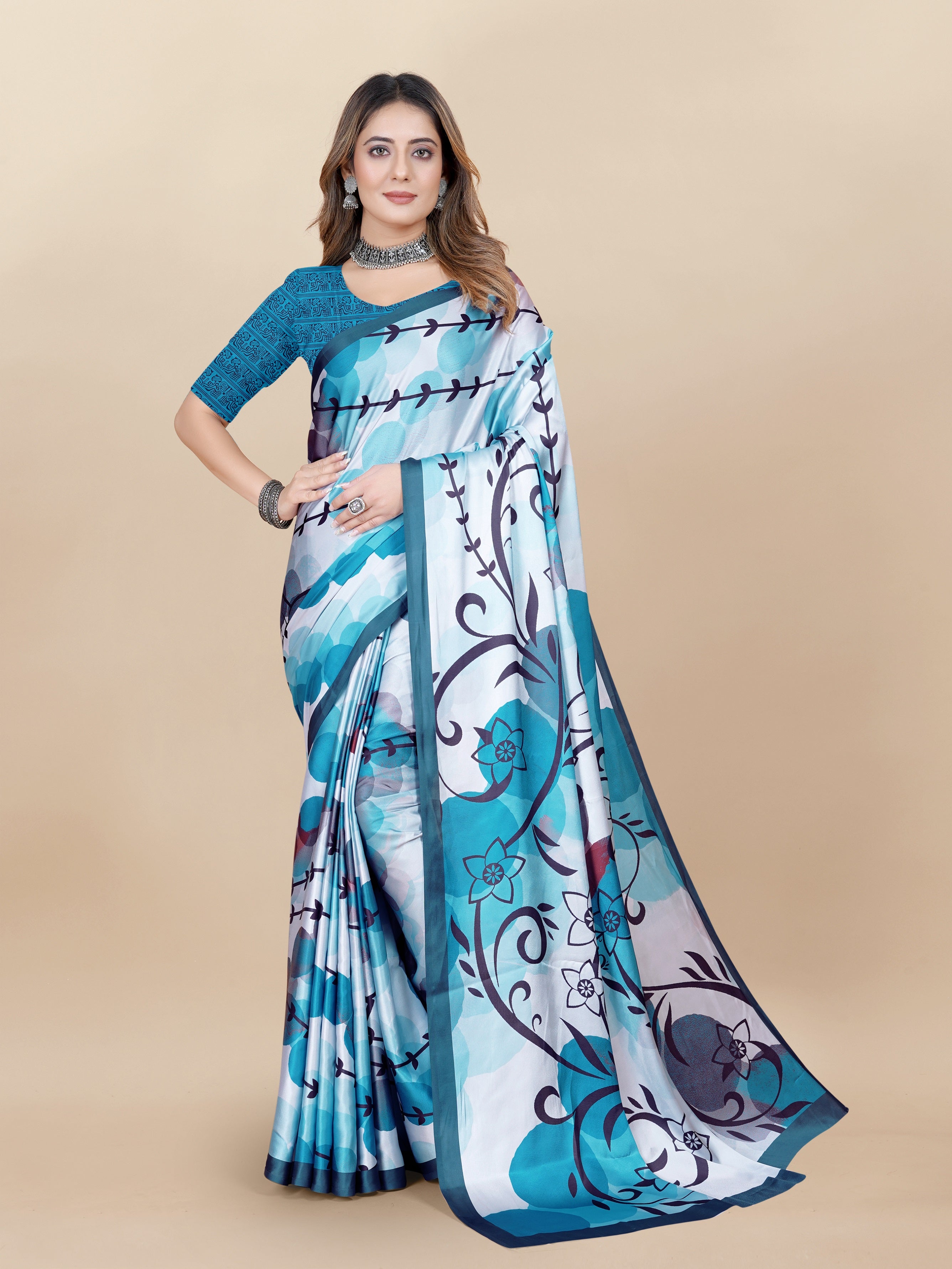 Vedant Vastram Digital Print Japan Satin Silk Party Wear Saree with Unstitched Blouse Piece - Turquoise - Distacart