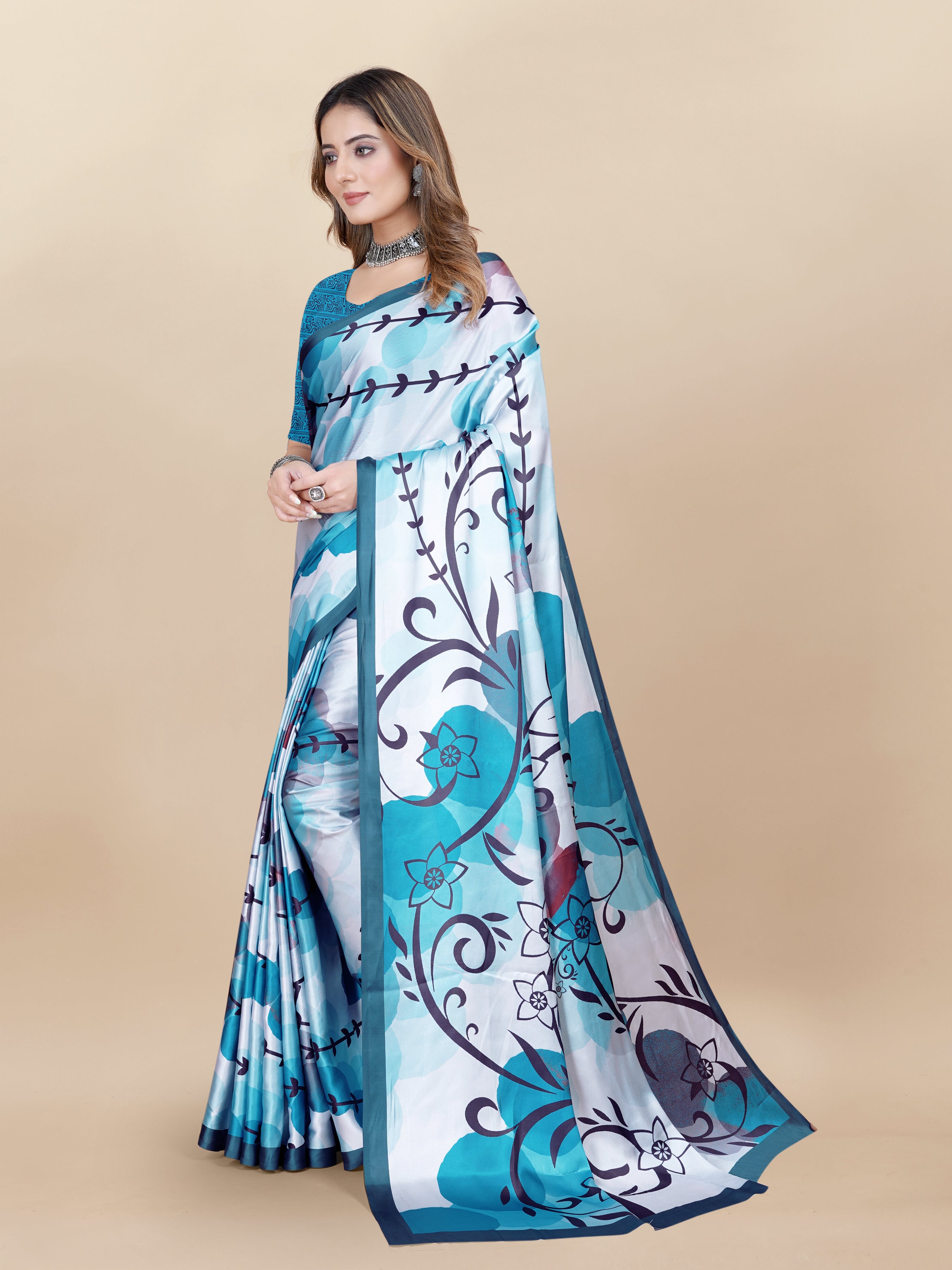 Vedant Vastram Digital Print Japan Satin Silk Party Wear Saree with Unstitched Blouse Piece - Turquoise - Distacart