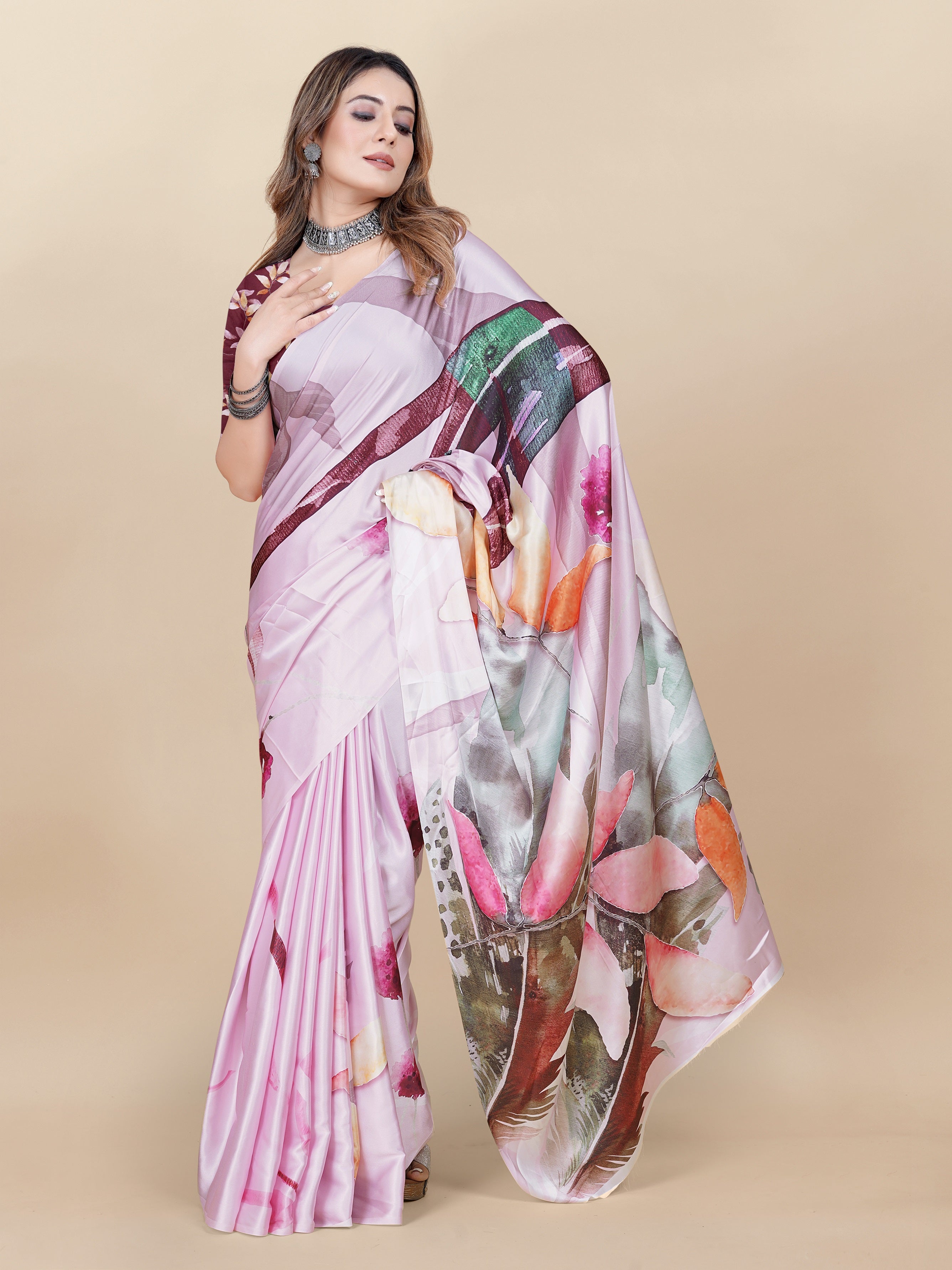 Vedant Vastram Digital Print Japan Satin Silk Party Wear Saree with Unstitched Blouse Piece - Pink - Distacart