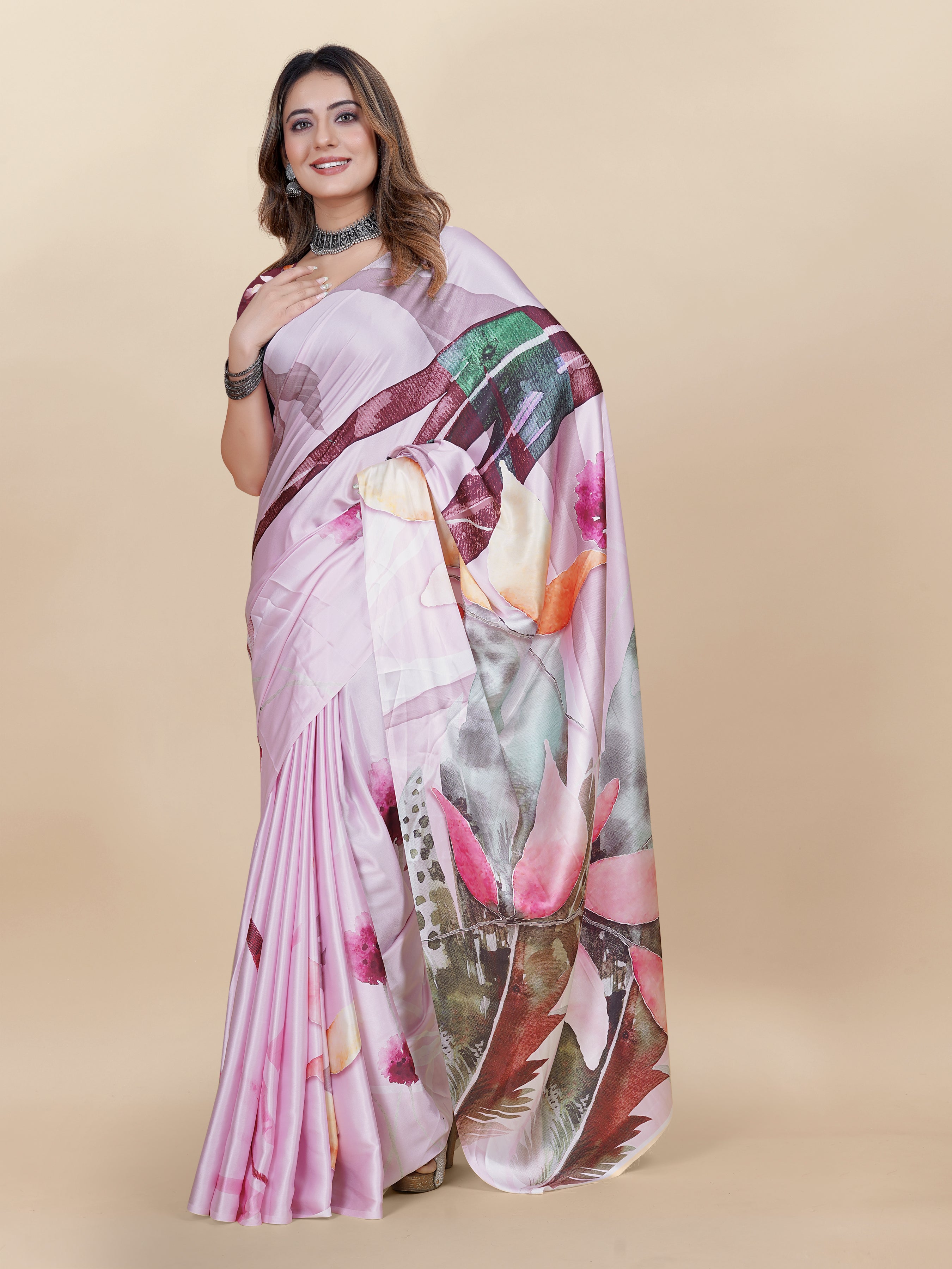 Vedant Vastram Digital Print Japan Satin Silk Party Wear Saree with Unstitched Blouse Piece - Pink - Distacart