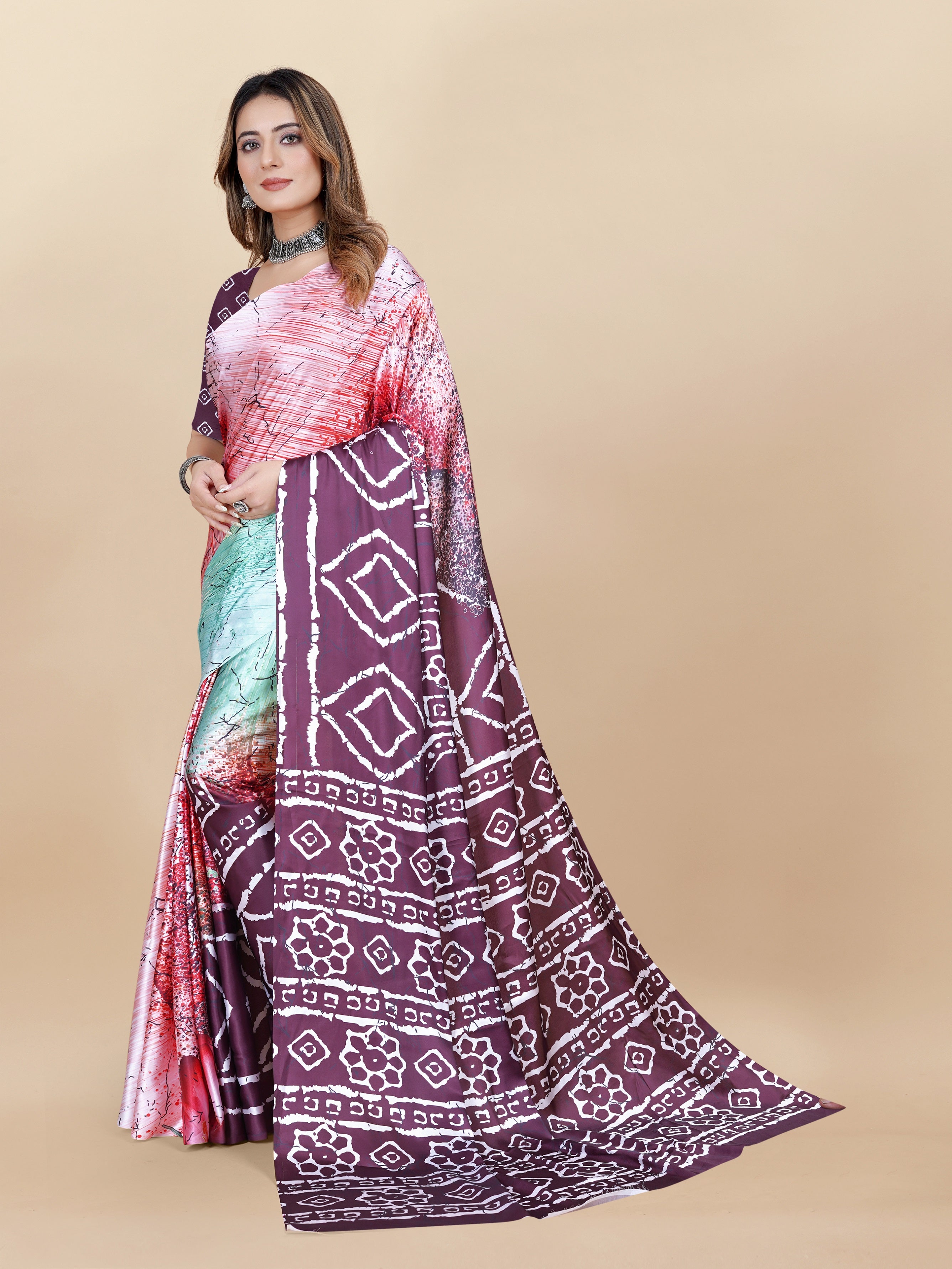 Vedant Vastram Digital Print Japan Satin Silk Party Wear Saree with Unstitched Blouse Piece - Purple - Distacart