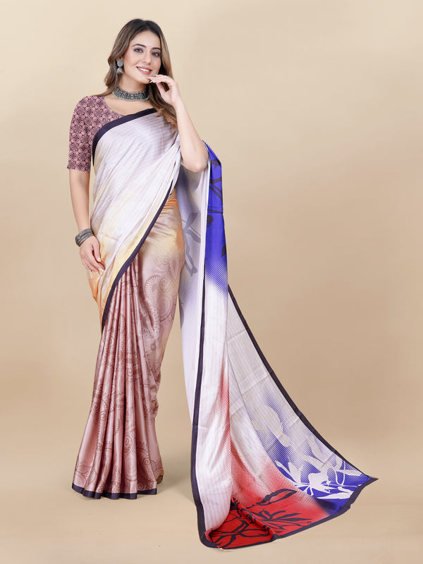Vedant Vastram Digital Print Japan Satin Silk Party Wear Saree with Unstitched Blouse Piece - Purple - Distacart