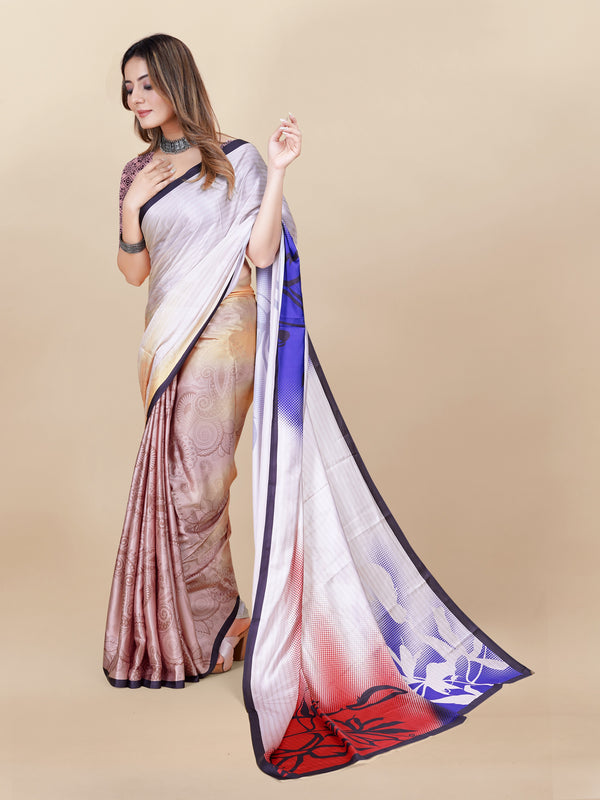 Vedant Vastram Digital Print Japan Satin Silk Party Wear Saree with Unstitched Blouse Piece - Purple - Distacart