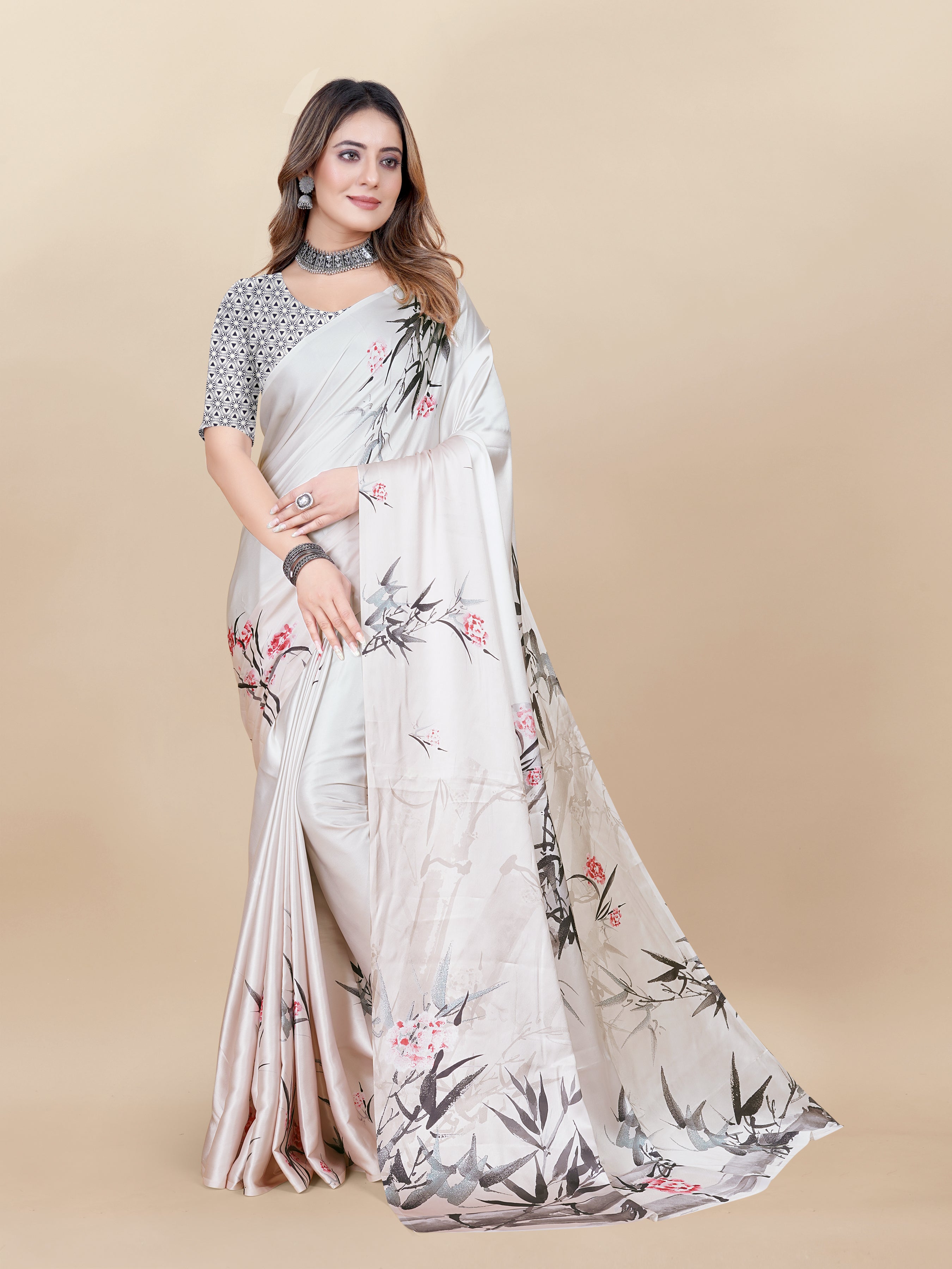 Vedant Vastram Digital Print Japan Satin Silk Party Wear Saree with Unstitched Blouse Piece - Cream - Distacart