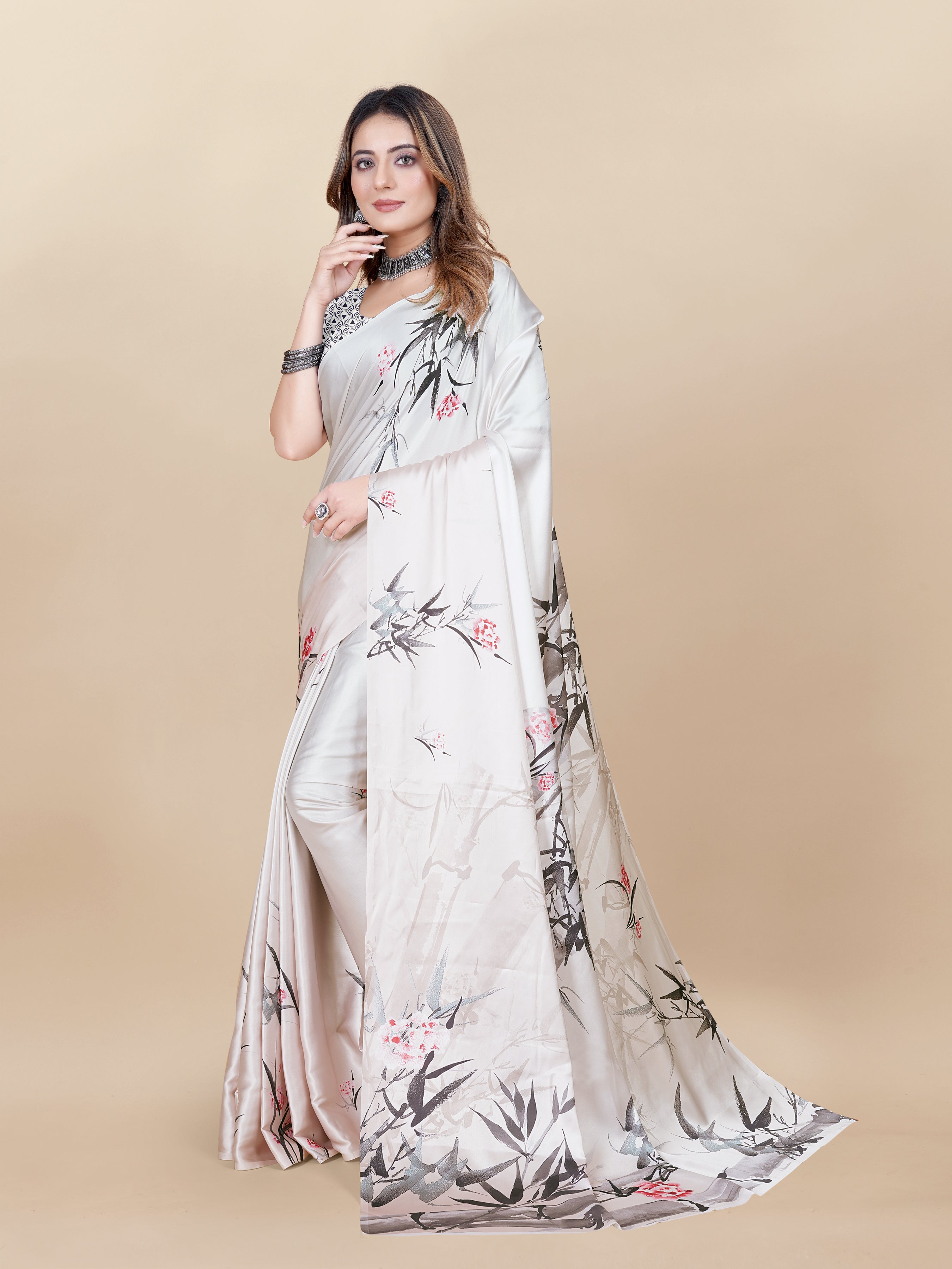 Vedant Vastram Digital Print Japan Satin Silk Party Wear Saree with Unstitched Blouse Piece - Cream - Distacart