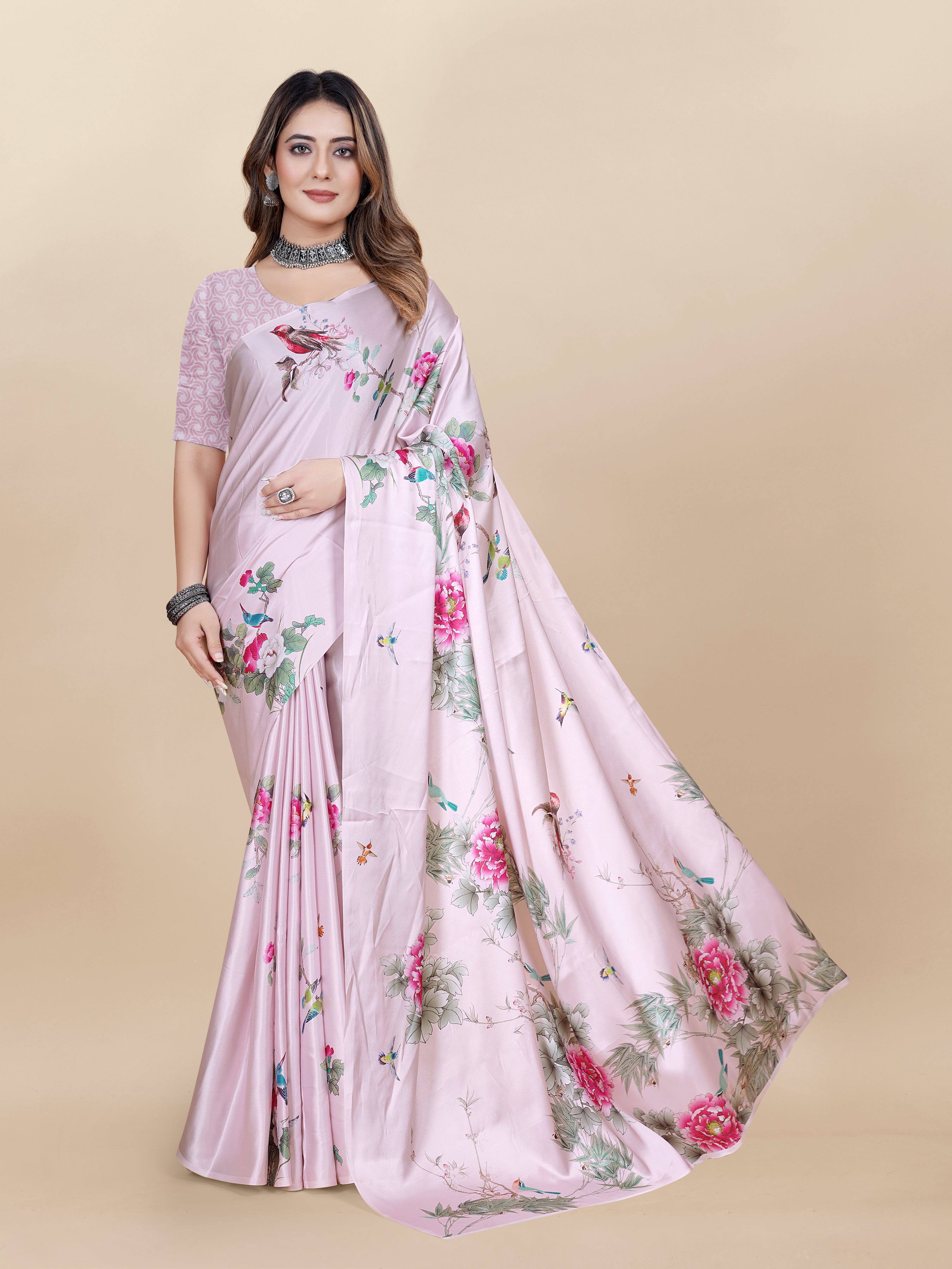 Vedant Vastram Digital Print Japan Satin Silk Party Wear Saree with Unstitched Blouse Piece - Pink - Distacart