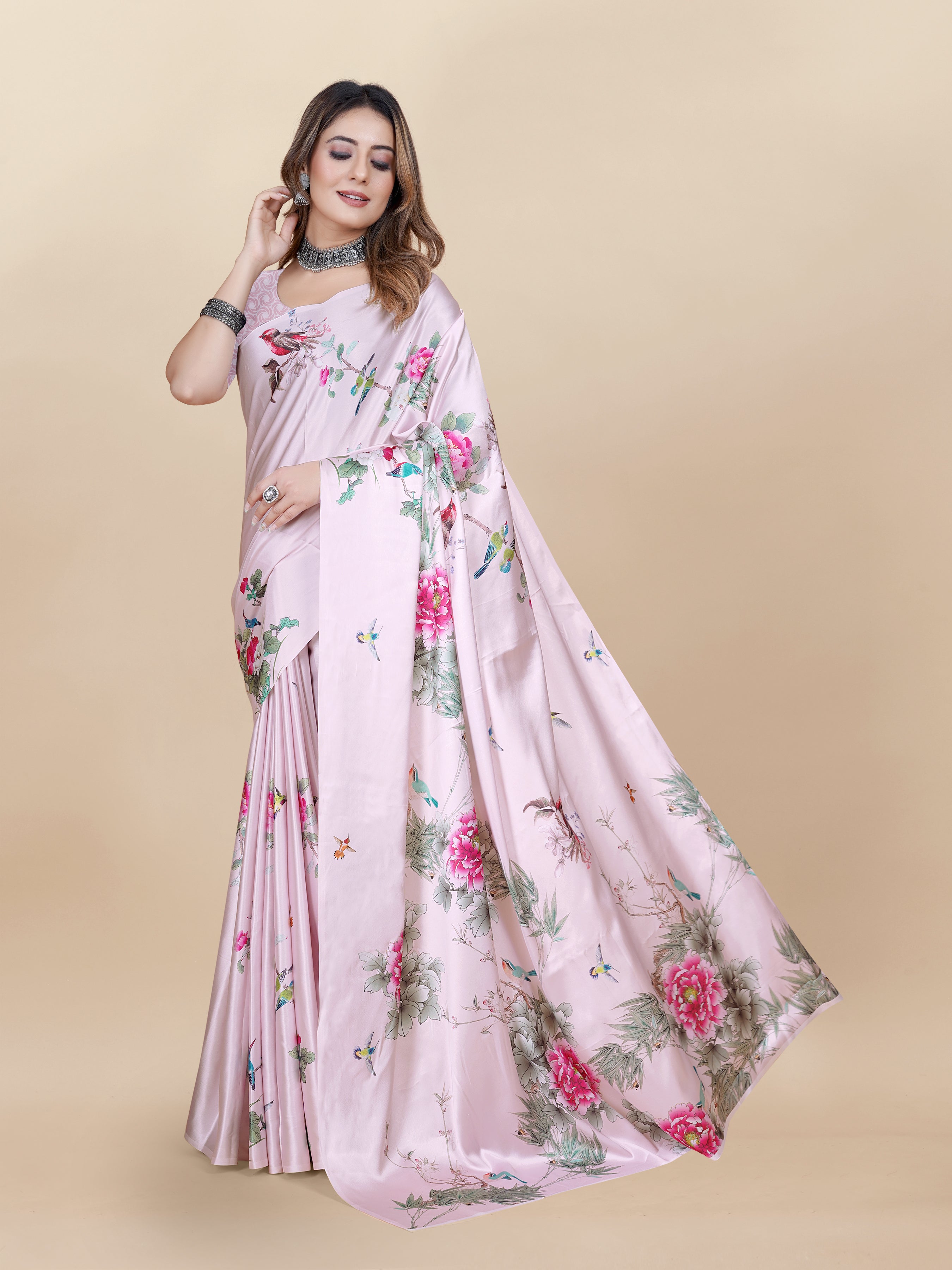 Vedant Vastram Digital Print Japan Satin Silk Party Wear Saree with Unstitched Blouse Piece - Pink - Distacart