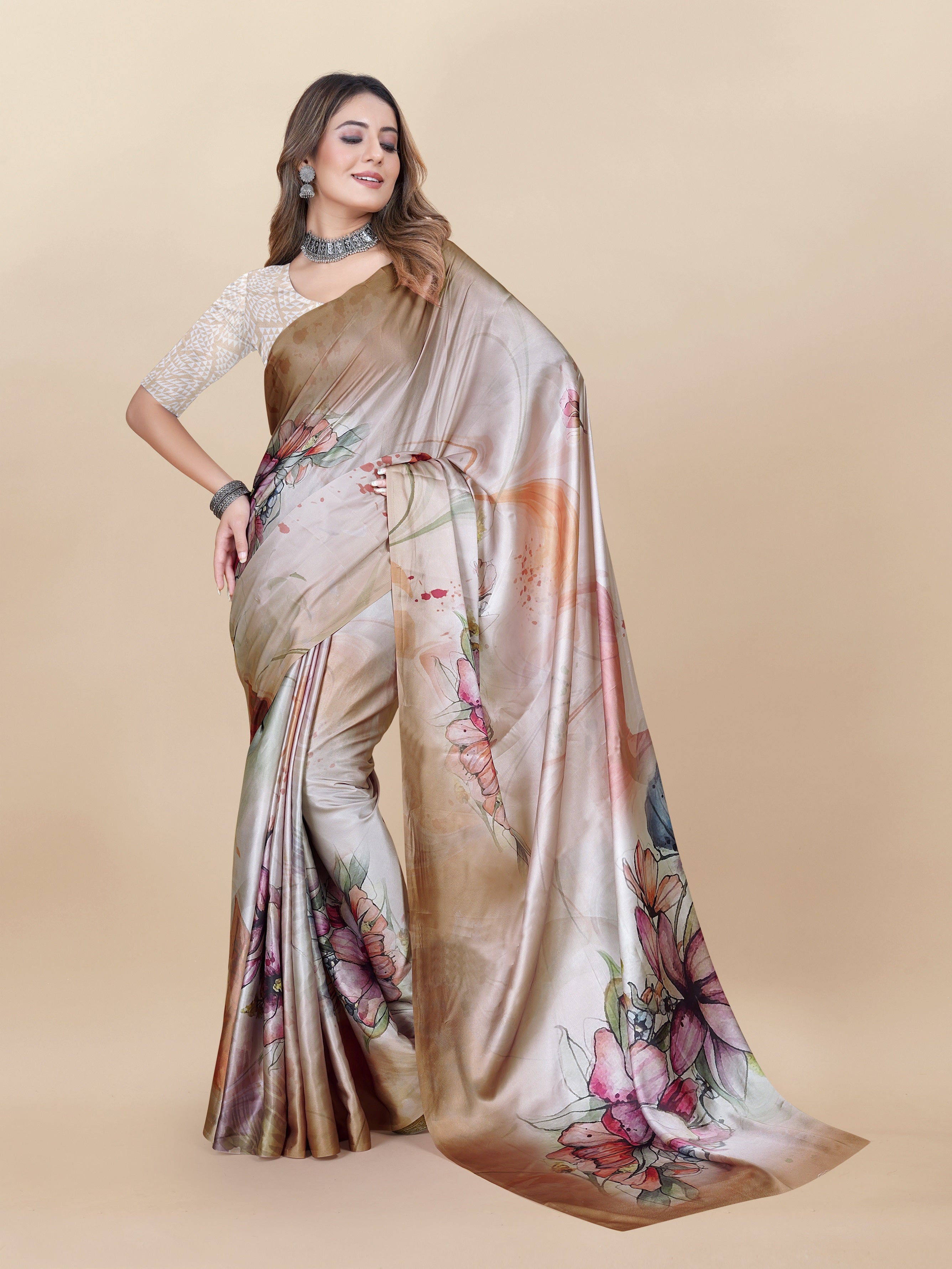 Vedant Vastram Digital Print Japan Satin Silk Party Wear Saree with Unstitched Blouse Piece - Beige - Distacart