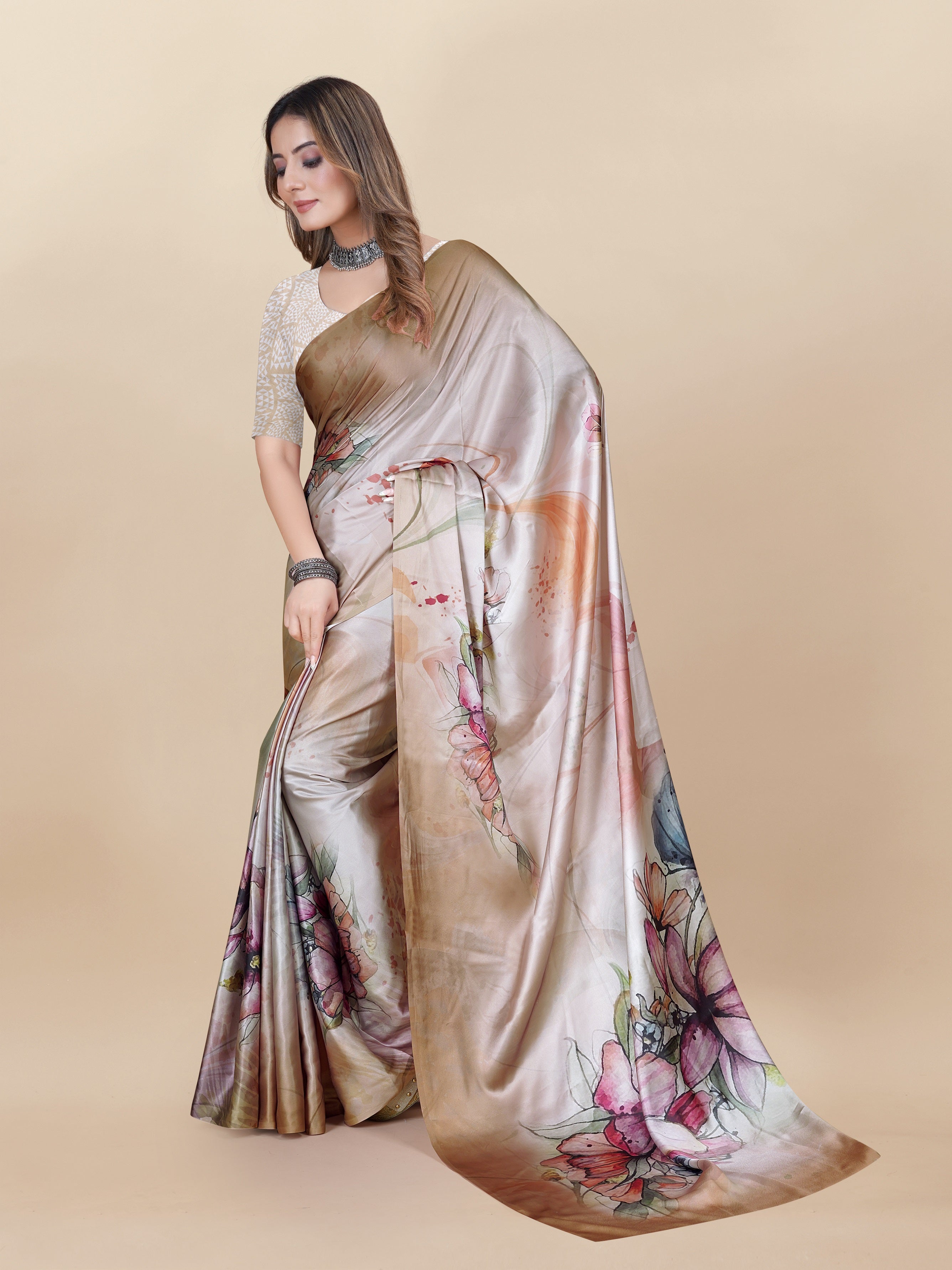 Vedant Vastram Digital Print Japan Satin Silk Party Wear Saree with Unstitched Blouse Piece - Beige - Distacart