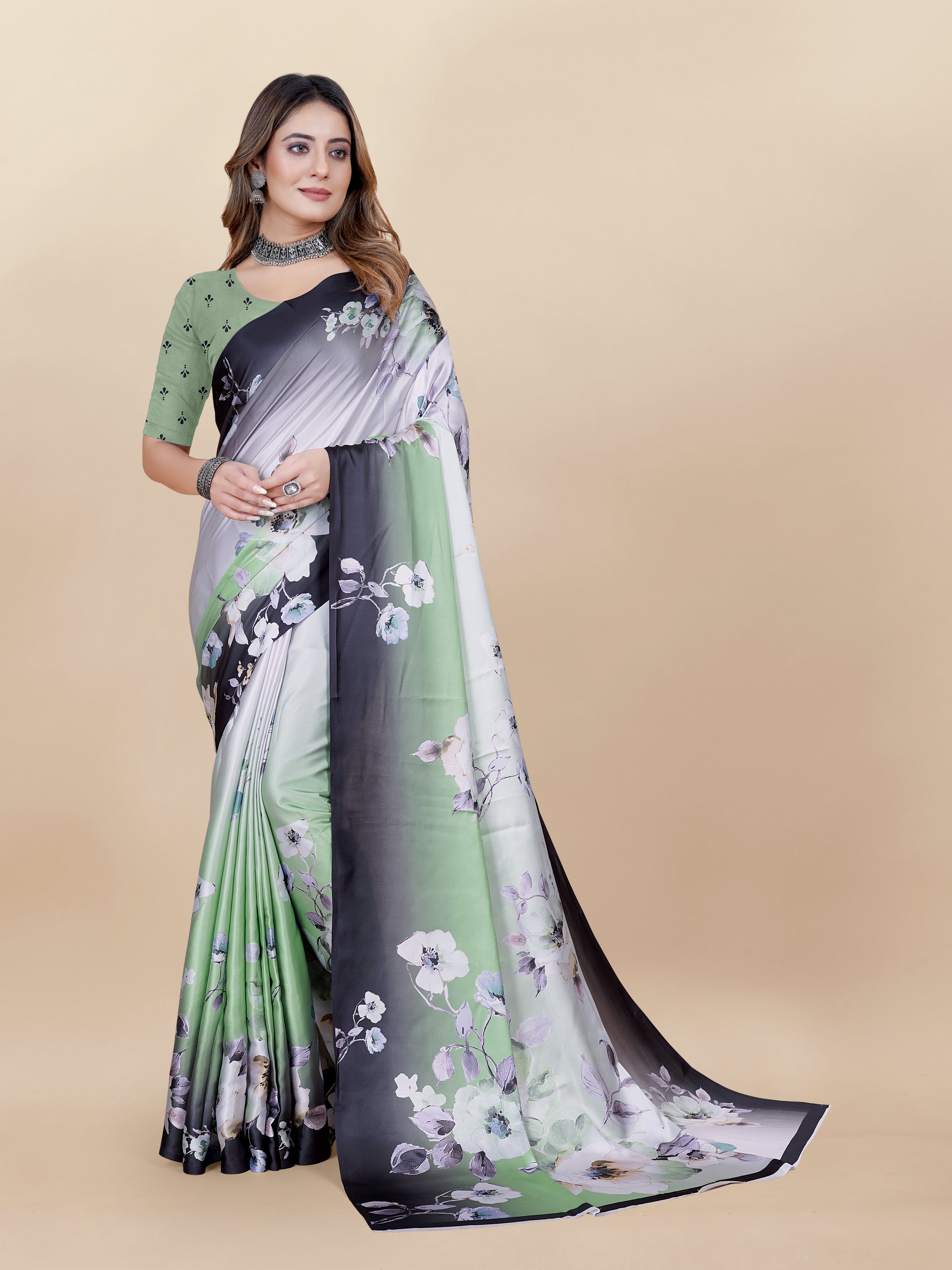 Vedant Vastram Digital Print Japan Satin Silk Party Wear Saree with Unstitched Blouse Piece - Green - Distacart
