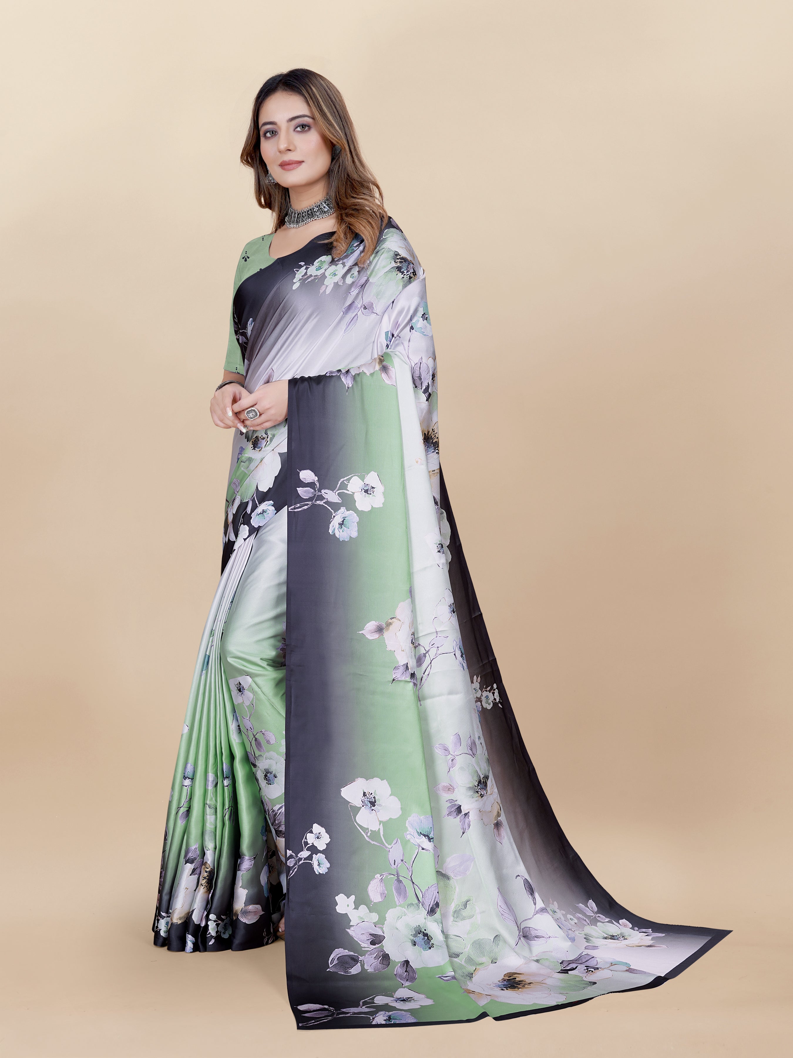 Vedant Vastram Digital Print Japan Satin Silk Party Wear Saree with Unstitched Blouse Piece - Green - Distacart